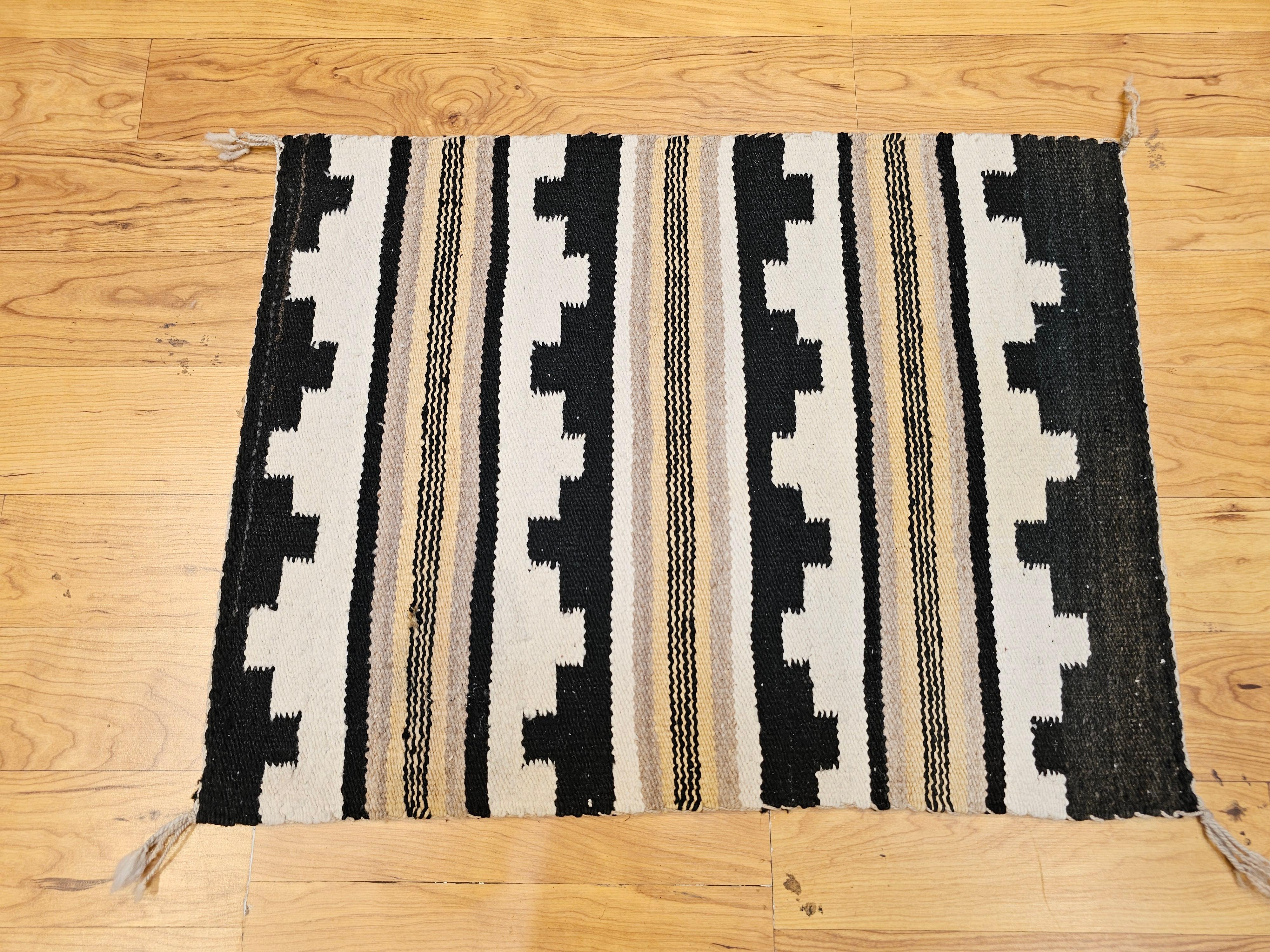 Vintage American Navajo Rug in Landscape Pattern in Ivory, Black, Cappuccino For Sale 4