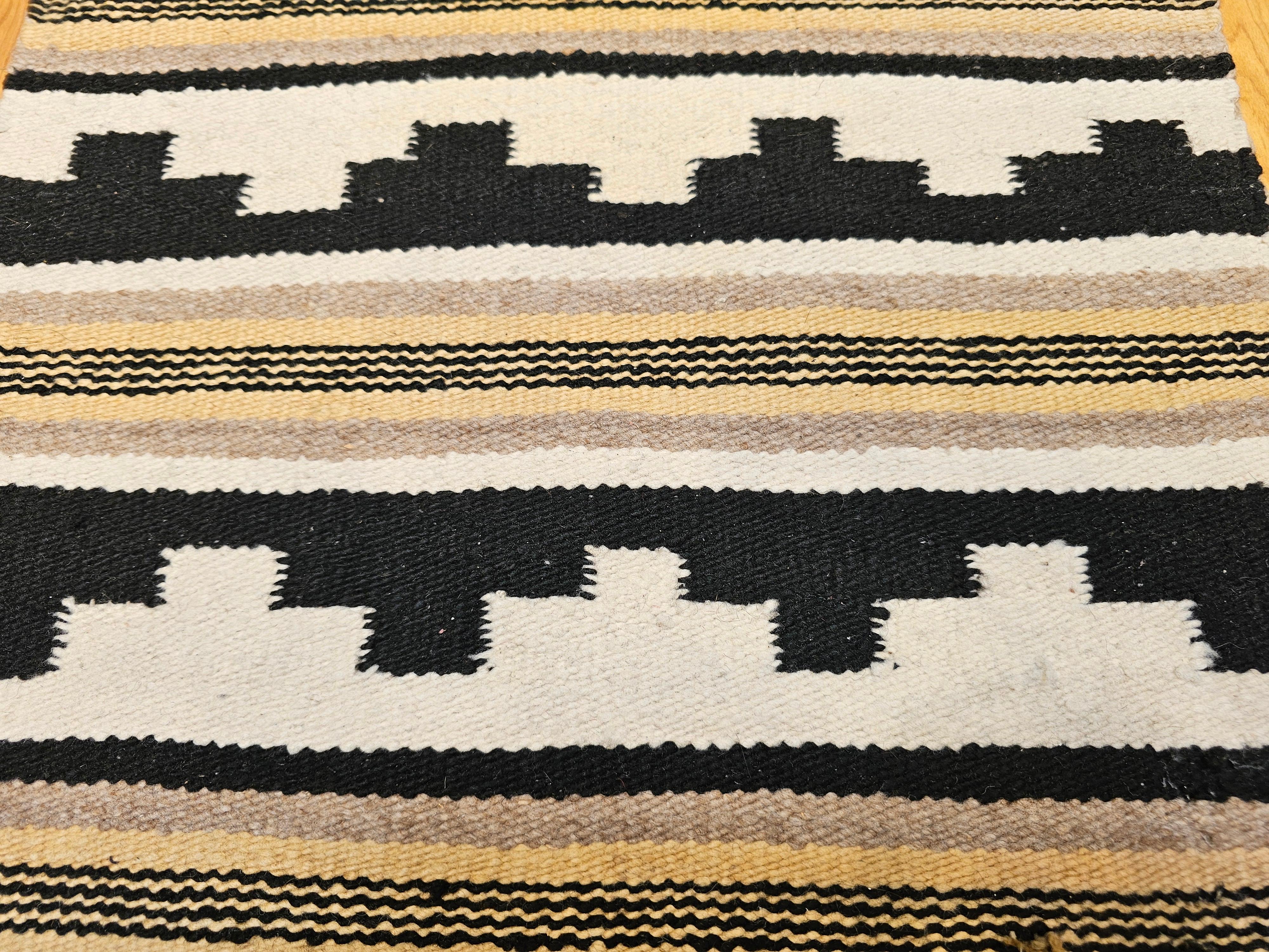 Vegetable Dyed Vintage American Navajo Rug in Landscape Pattern in Ivory, Black, Cappuccino For Sale