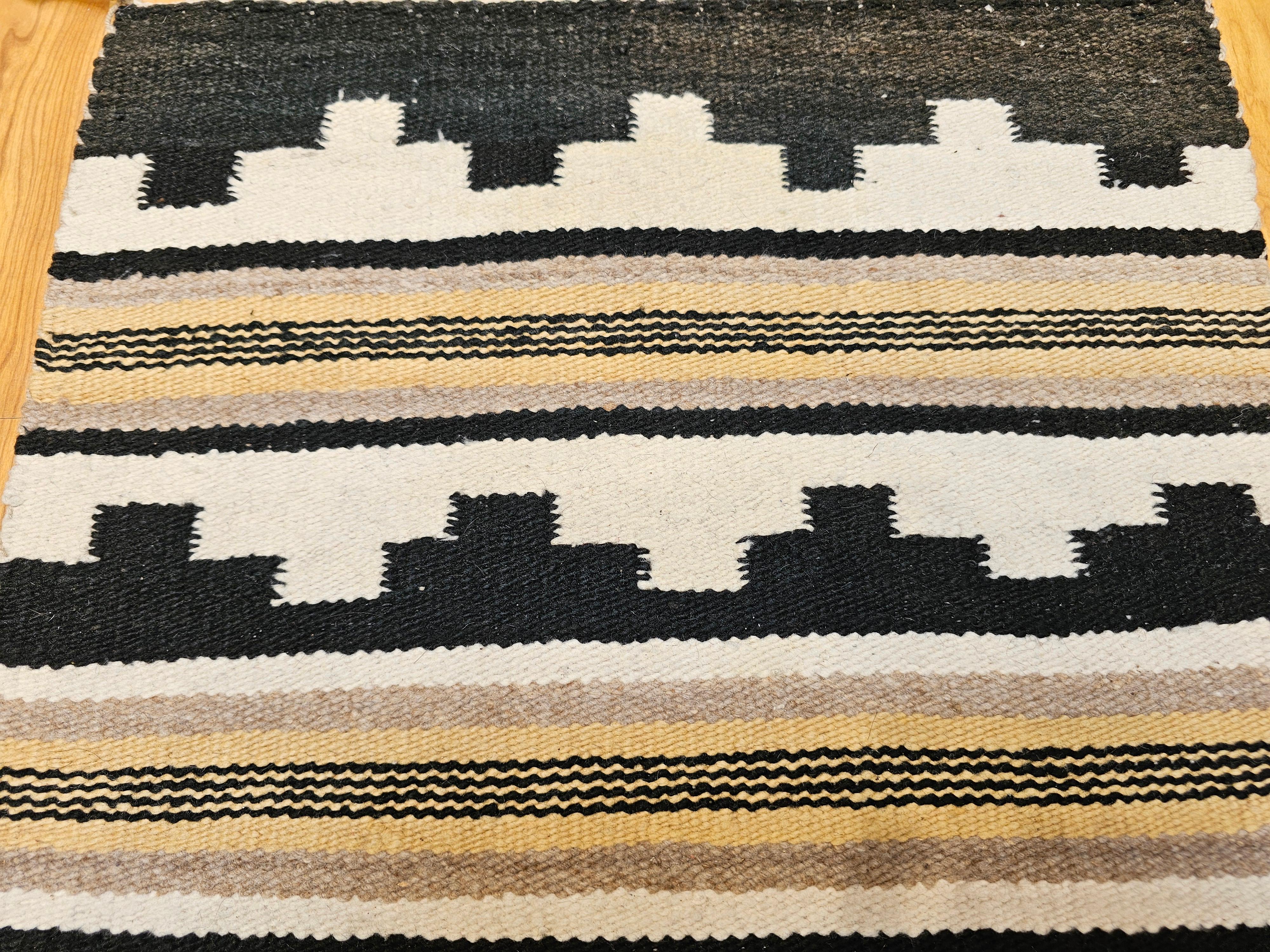 Vintage American Navajo Rug in Landscape Pattern in Ivory, Black, Cappuccino In Good Condition For Sale In Barrington, IL
