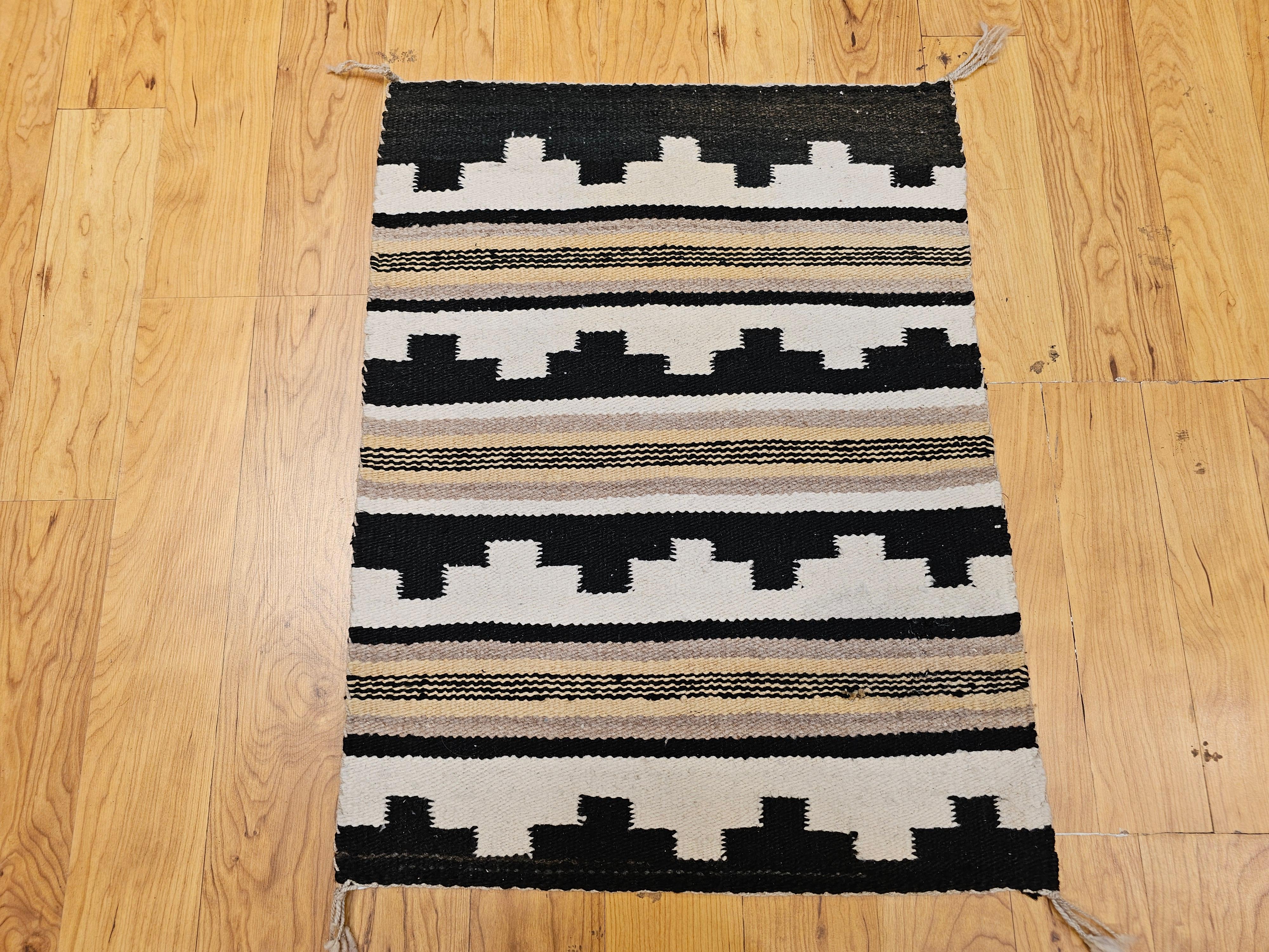 Vintage American Navajo Rug in Landscape Pattern in Ivory, Black, Cappuccino For Sale 2