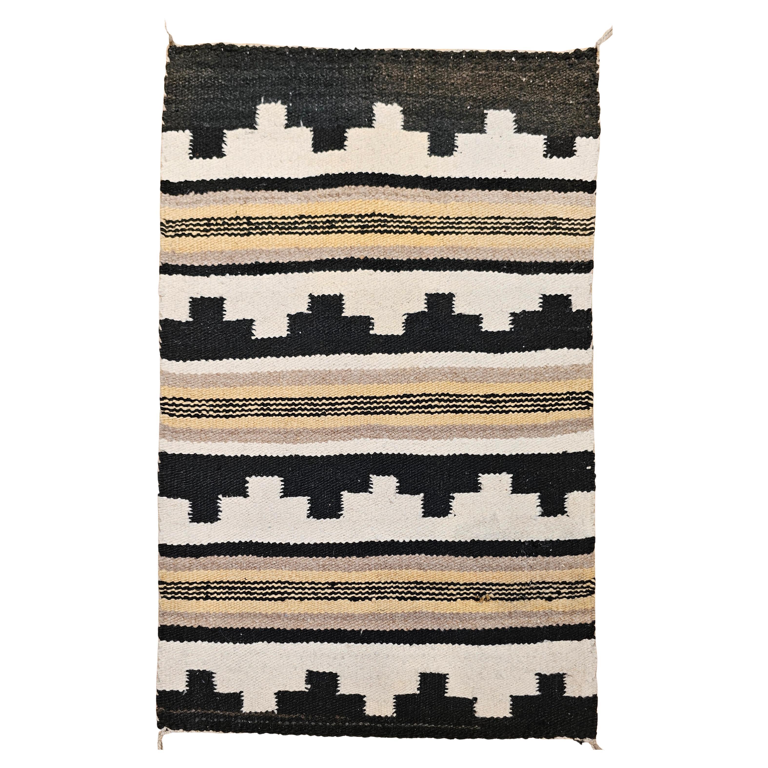 Vintage American Navajo Rug in Landscape Pattern in Ivory, Black, Cappuccino For Sale