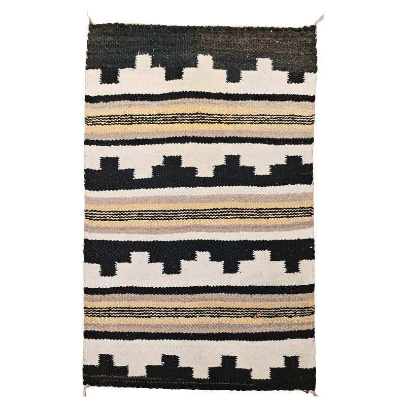Vintage Navajo Wool Rug with Wide Band Pattern in Ivory, Rust, Purple ...