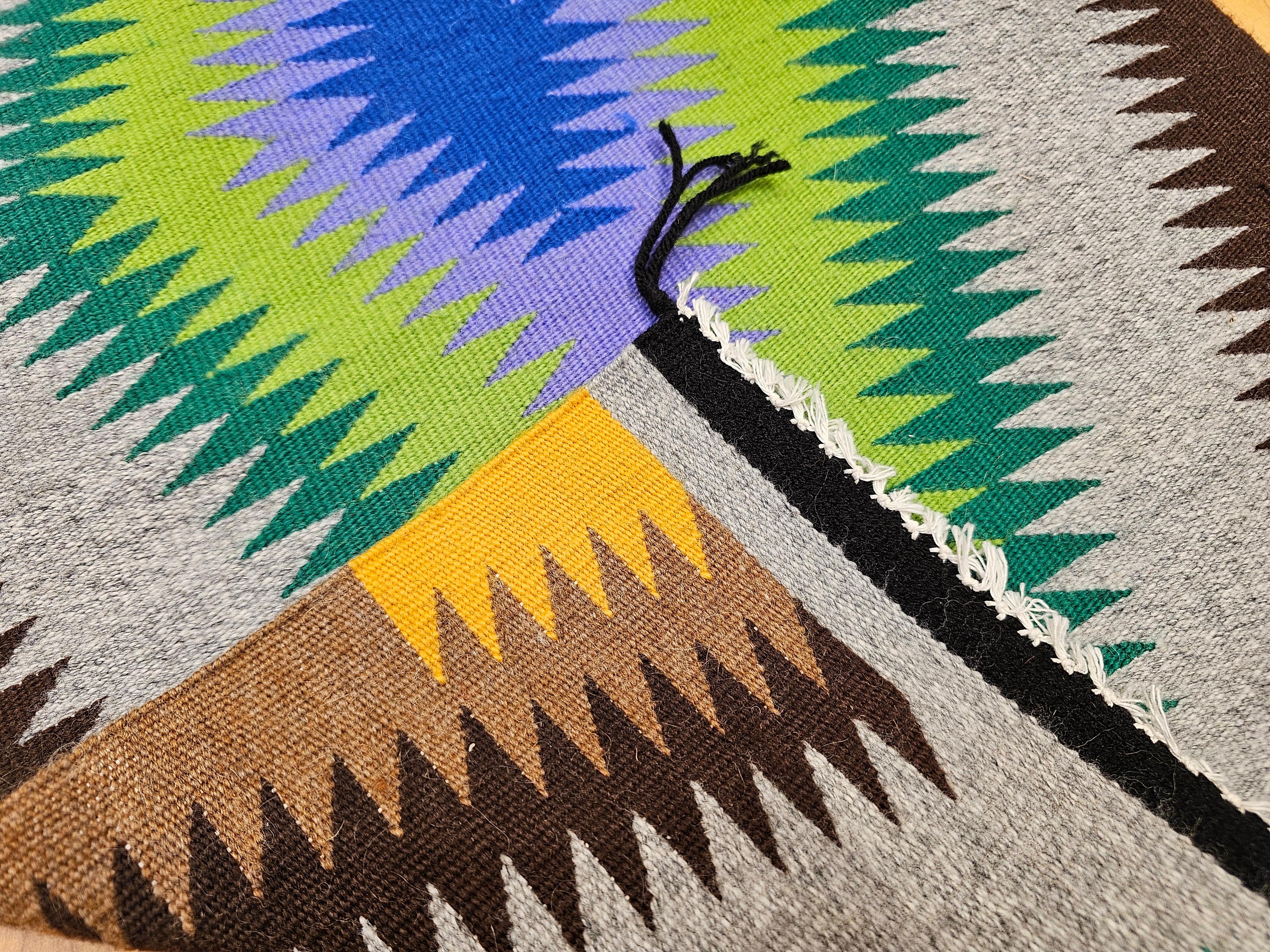 Vintage American Navajo Rug in Eye Dazzler Pattern in Blue, Lavender, Green For Sale 5