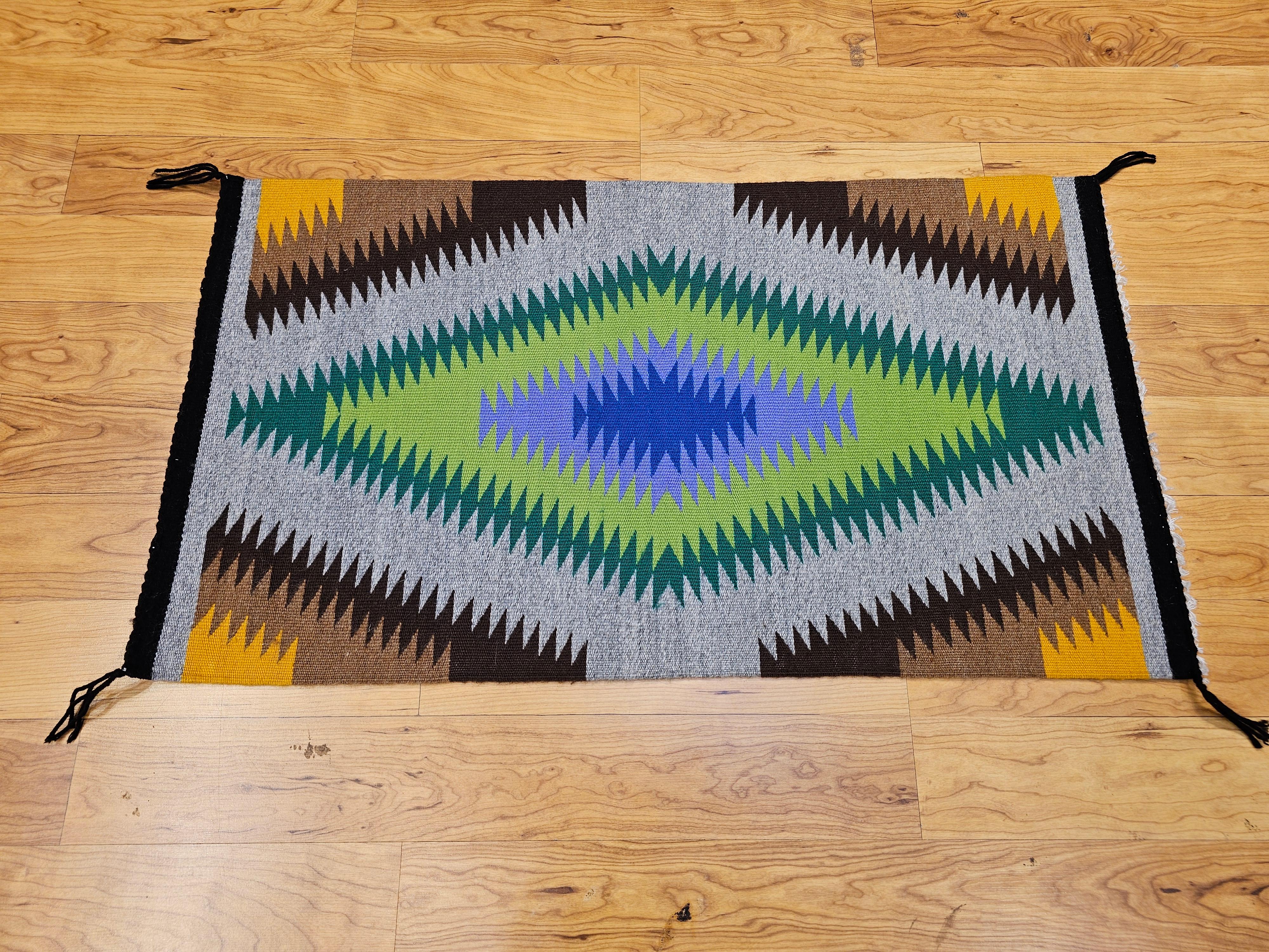 Vintage American Navajo Rug in Eye Dazzler Pattern in Blue, Lavender, Green For Sale 9