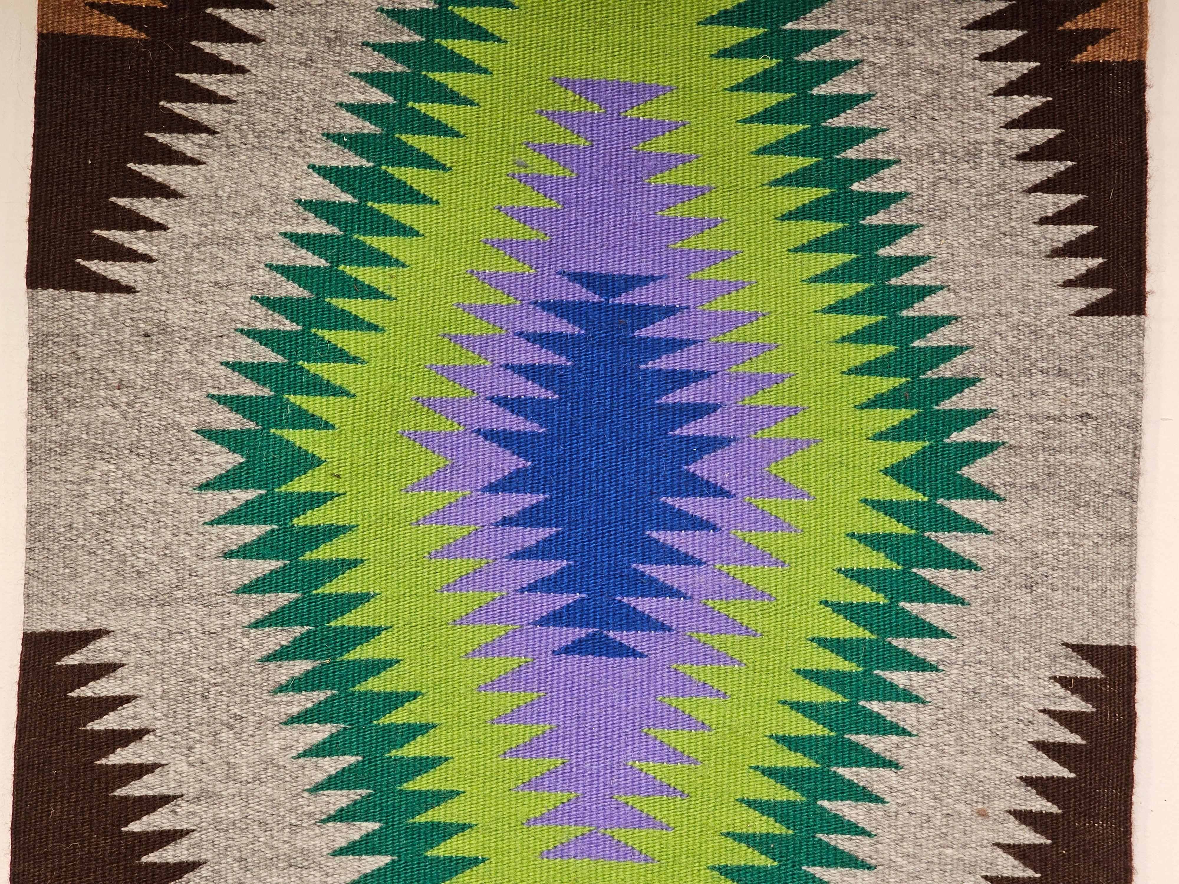 Hand-Woven Vintage American Navajo Rug in Eye Dazzler Pattern in Blue, Lavender, Green For Sale