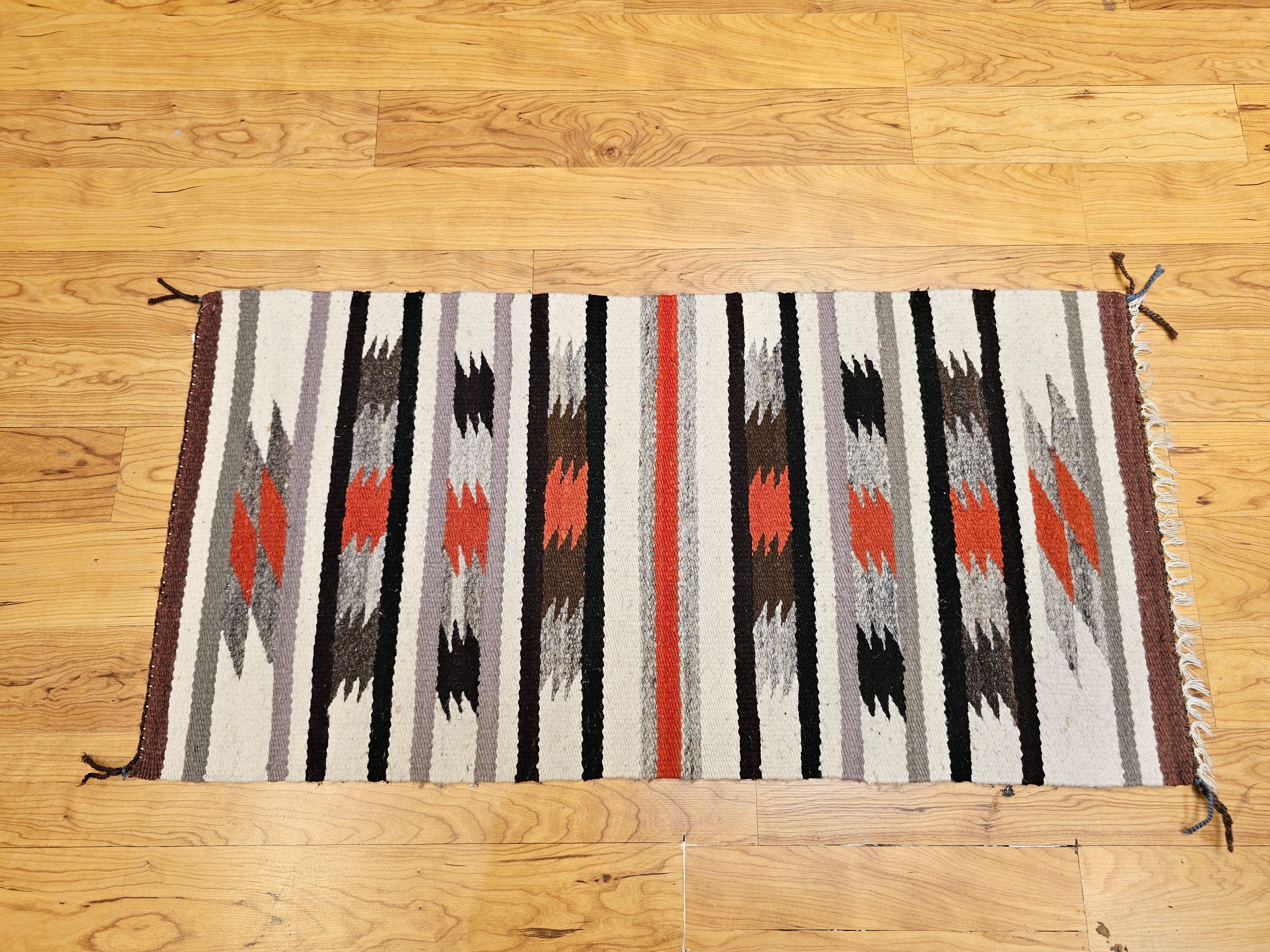 Wool Vintage American Navajo Rug in Stripe Pattern in Ivory, Black, Gray, Rust For Sale