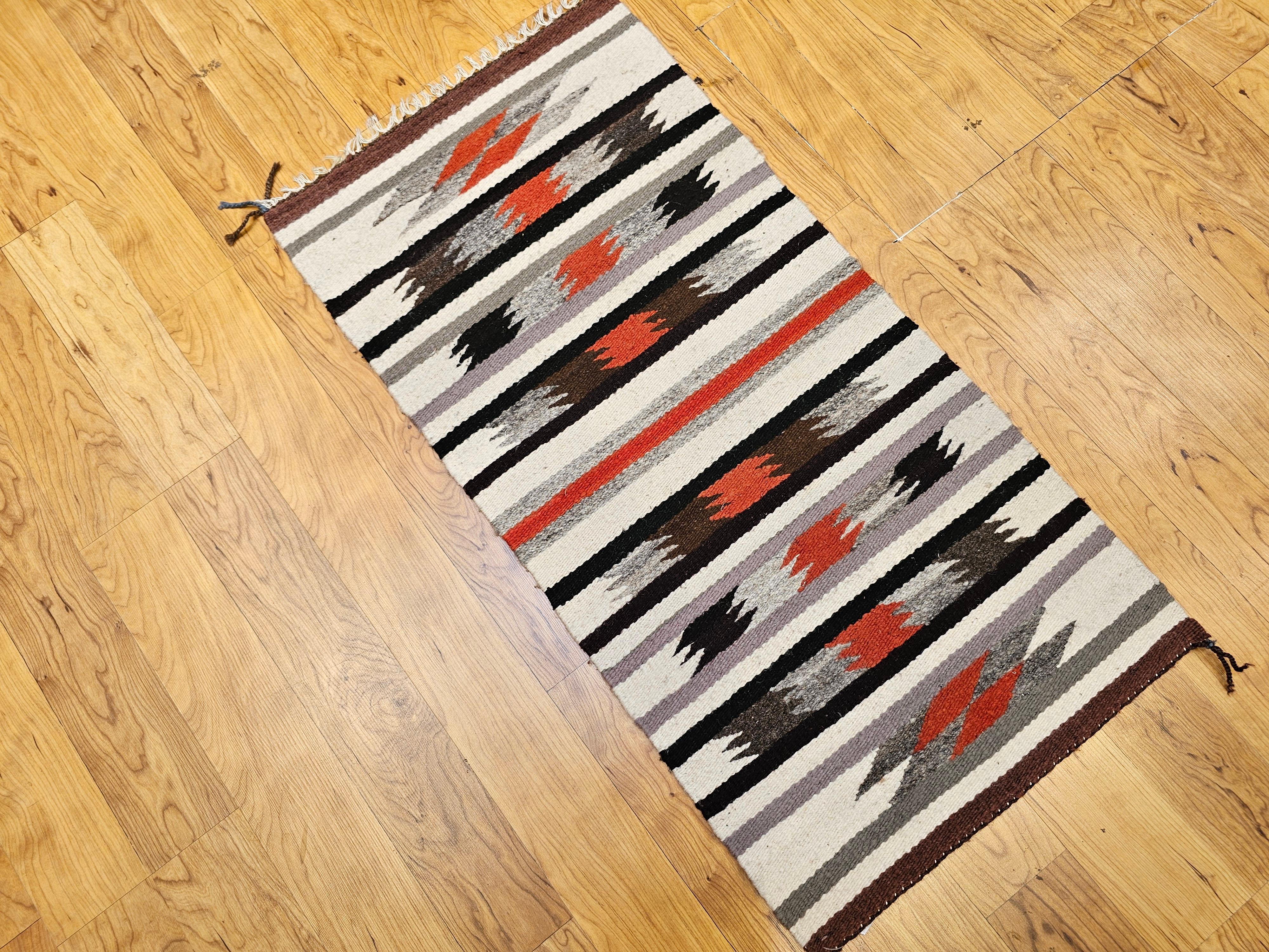 Vegetable Dyed Vintage American Navajo Rug in Stripe Pattern in Ivory, Black, Gray, Rust For Sale