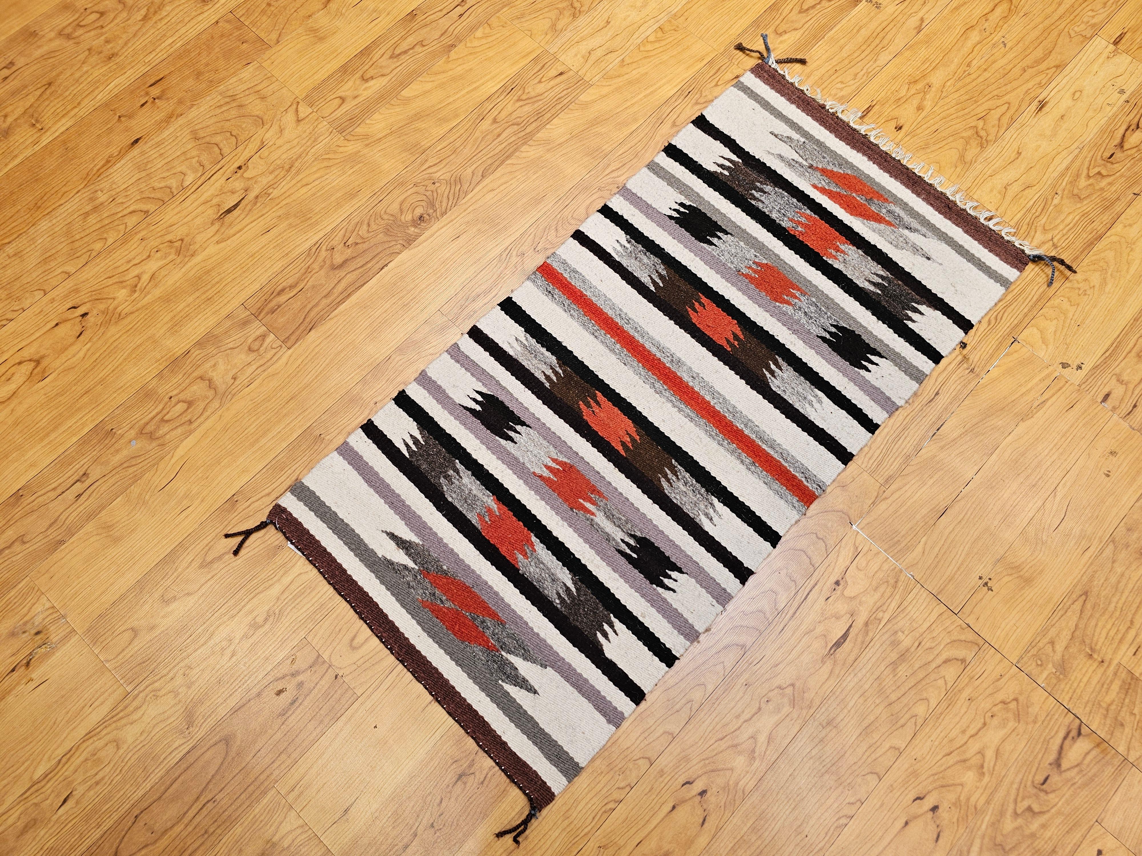 Mid-20th Century Vintage American Navajo Rug in Stripe Pattern in Ivory, Black, Gray, Rust For Sale