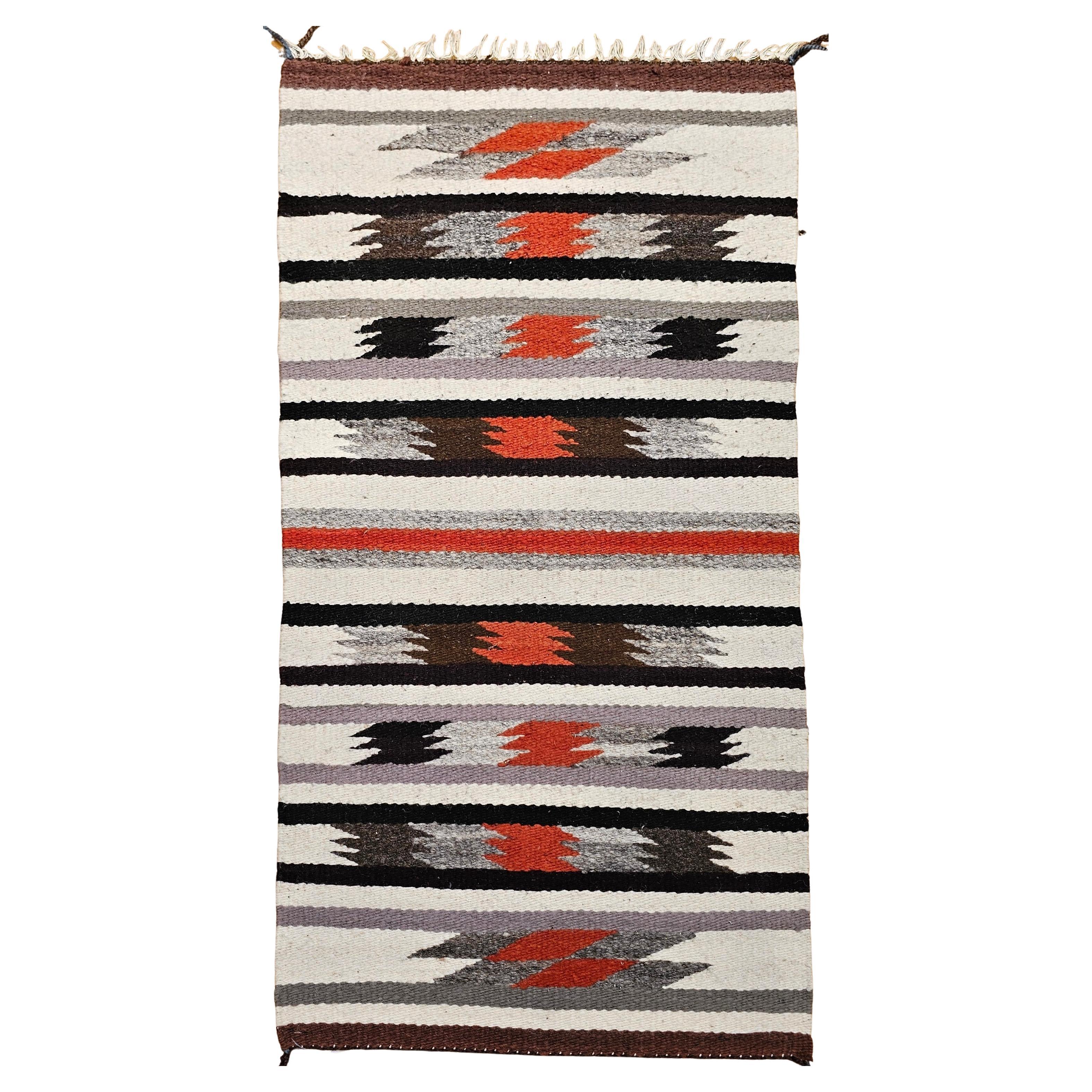 Vintage American Navajo Rug in Stripe Pattern in Ivory, Black, Gray, Rust