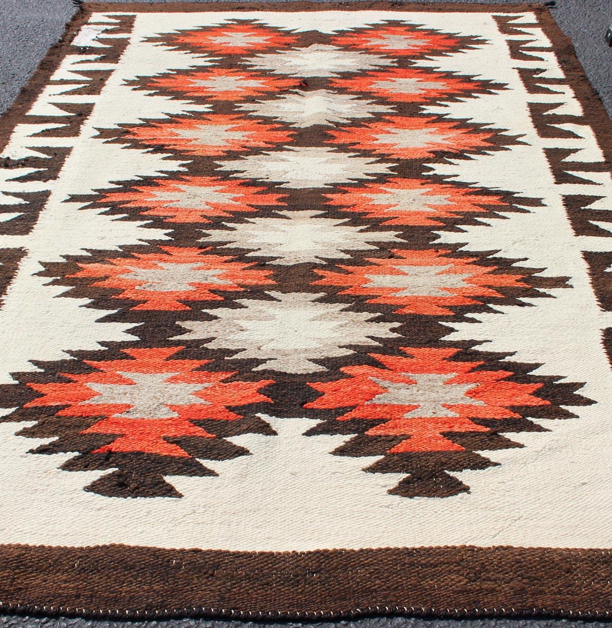 Vintage American Navajo Tribal Rug with Diamonds in Brown, Orange and Ivory For Sale 4