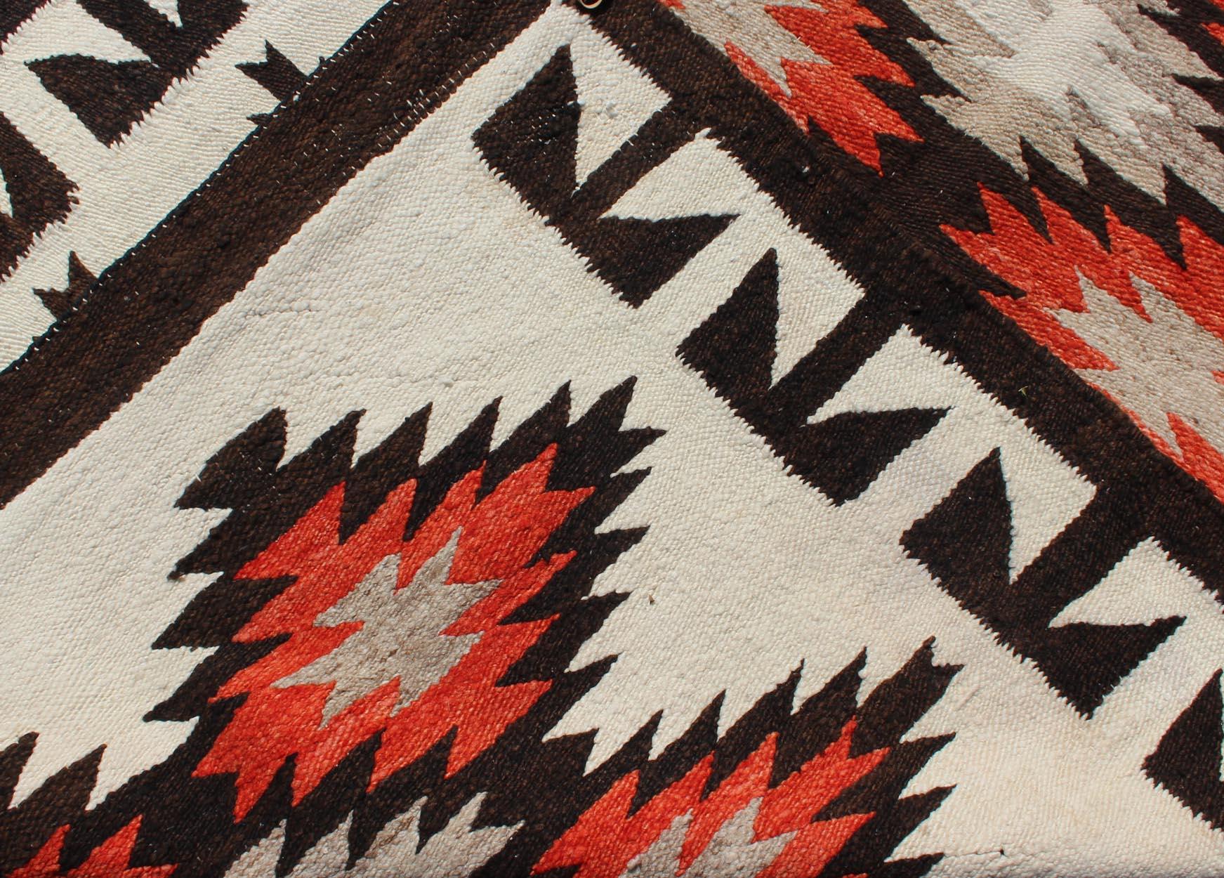 Vintage American Navajo Tribal Rug with Diamonds in Brown, Orange and Ivory For Sale 5