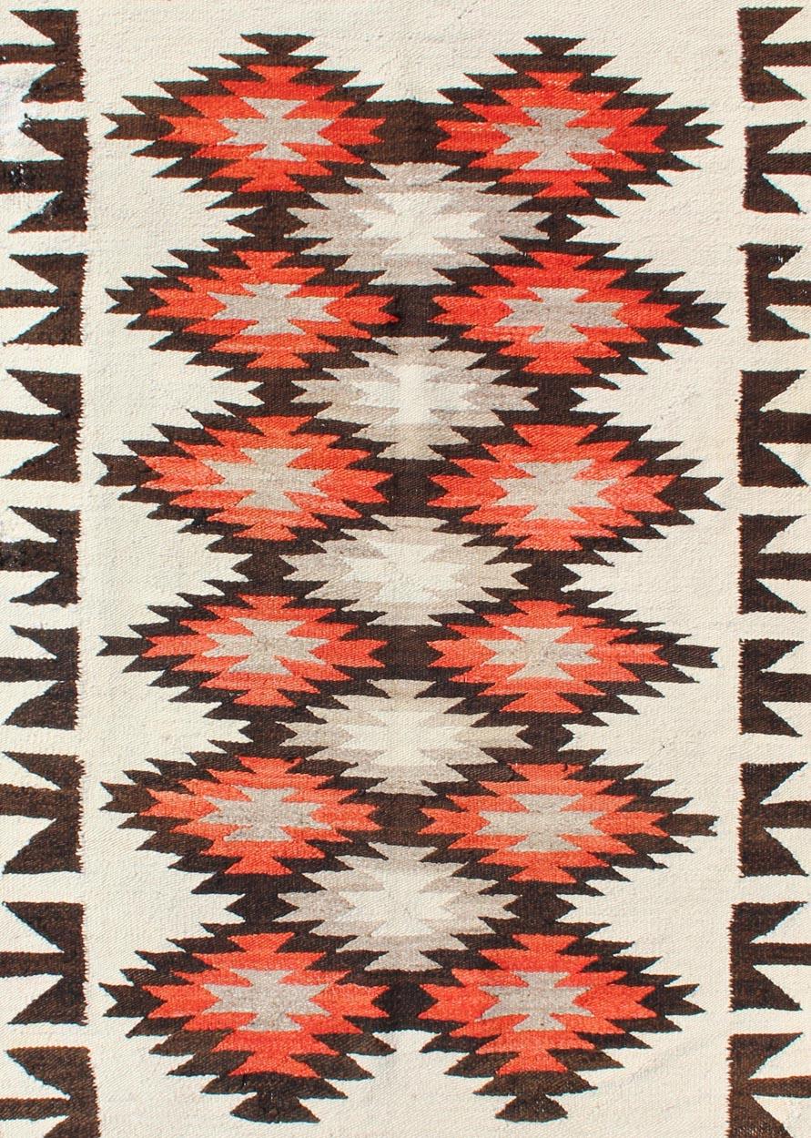 Hand-Woven Vintage American Navajo Tribal Rug with Diamonds in Brown, Orange and Ivory For Sale