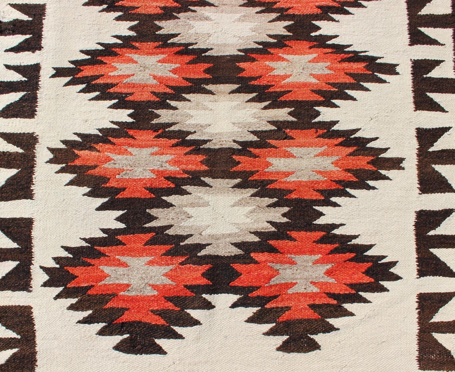 Wool Vintage American Navajo Tribal Rug with Diamonds in Brown, Orange and Ivory For Sale