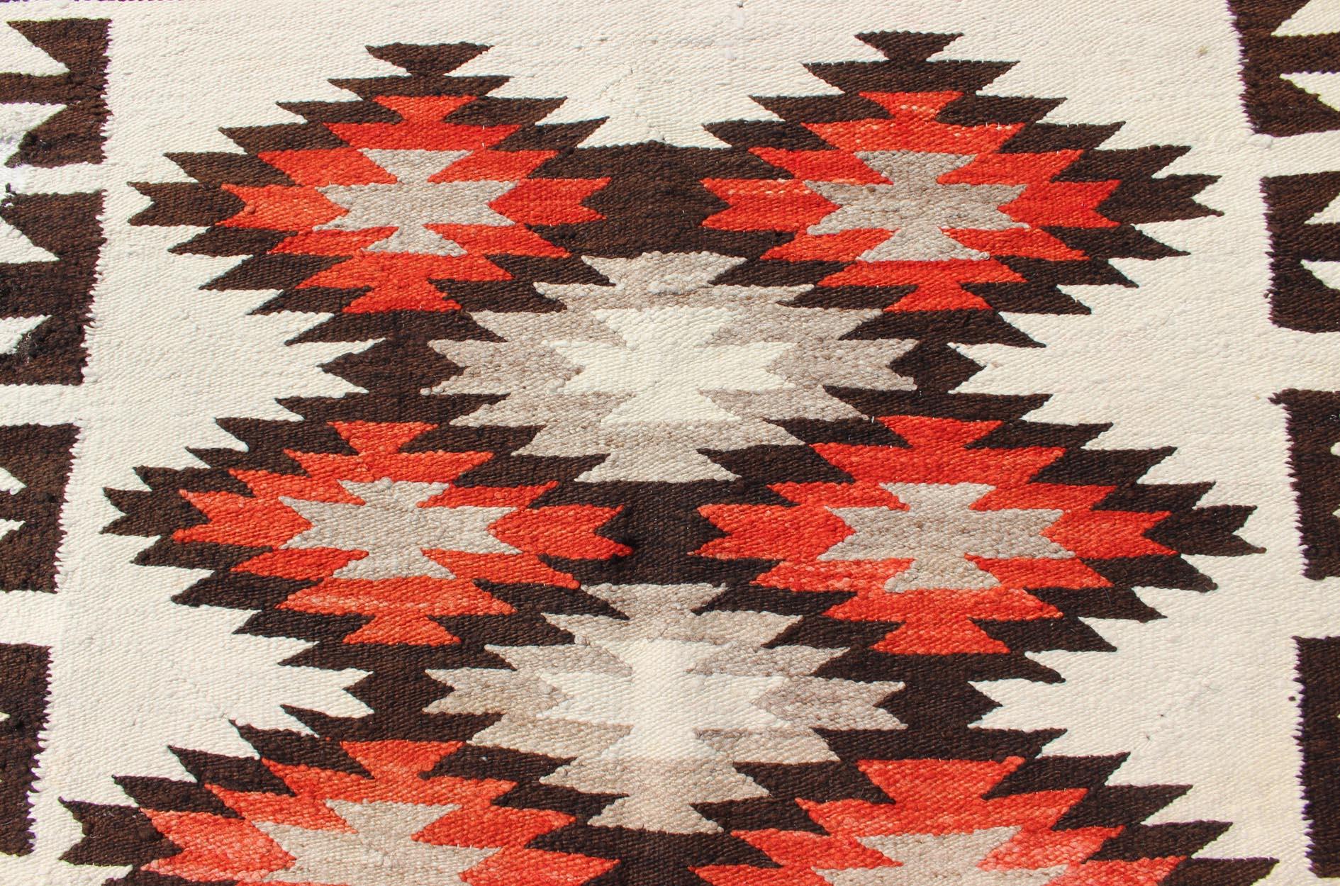 Vintage American Navajo Tribal Rug with Diamonds in Brown, Orange and Ivory For Sale 1