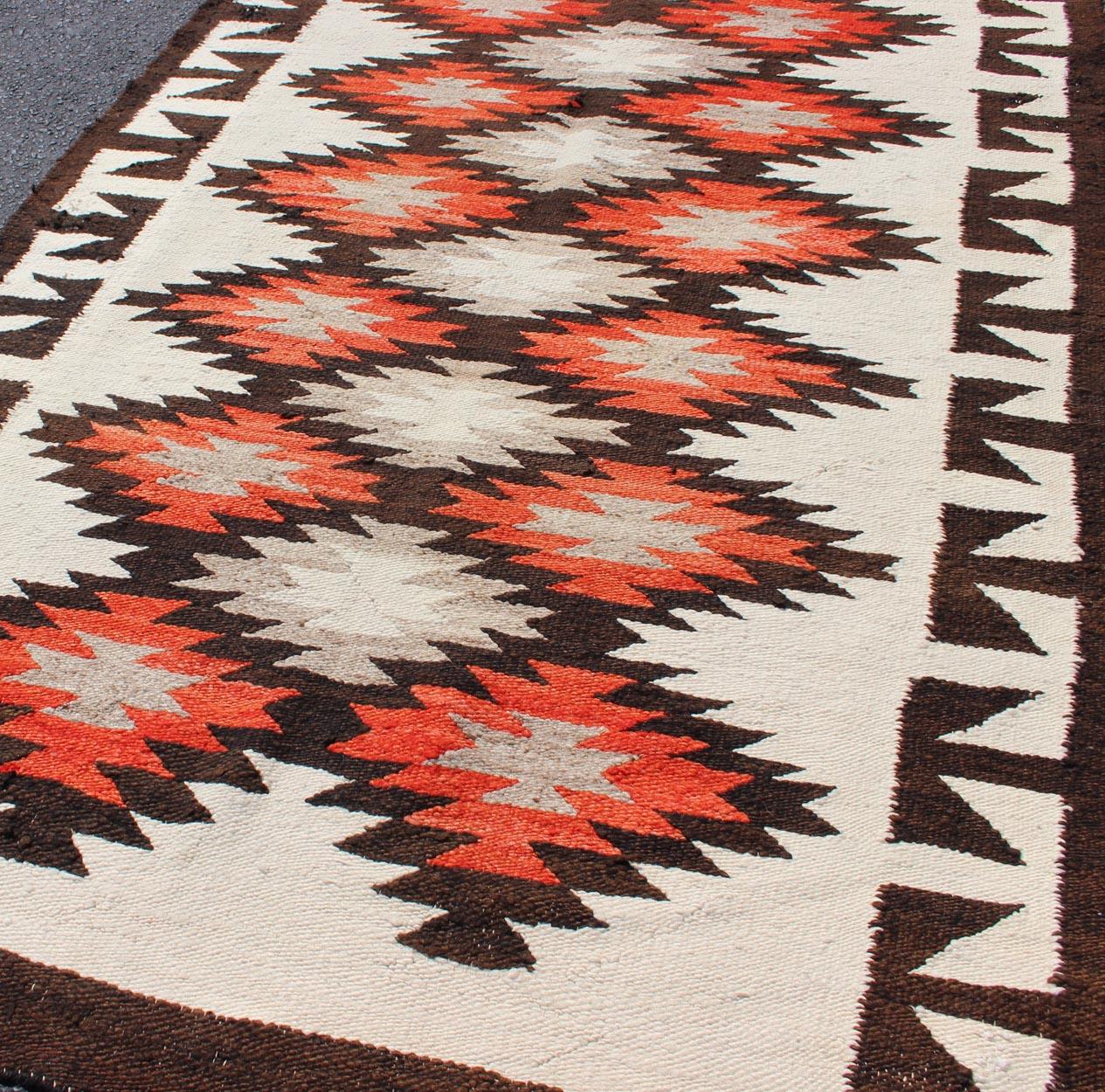 Vintage American Navajo Tribal Rug with Diamonds in Brown, Orange and Ivory For Sale 2