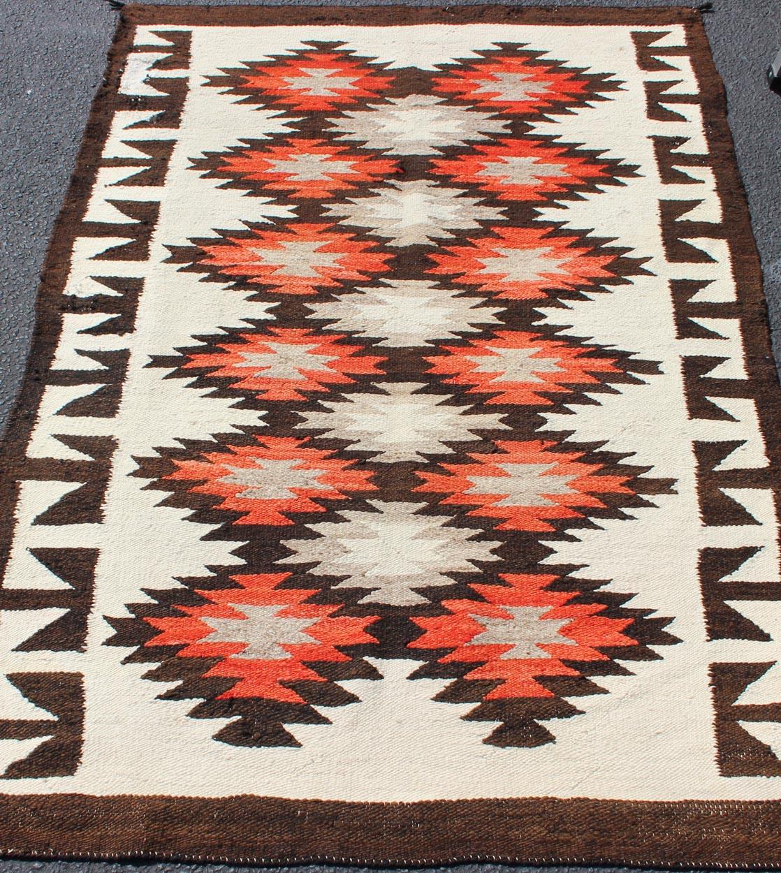 Vintage American Navajo Tribal Rug with Diamonds in Brown, Orange and Ivory For Sale 3