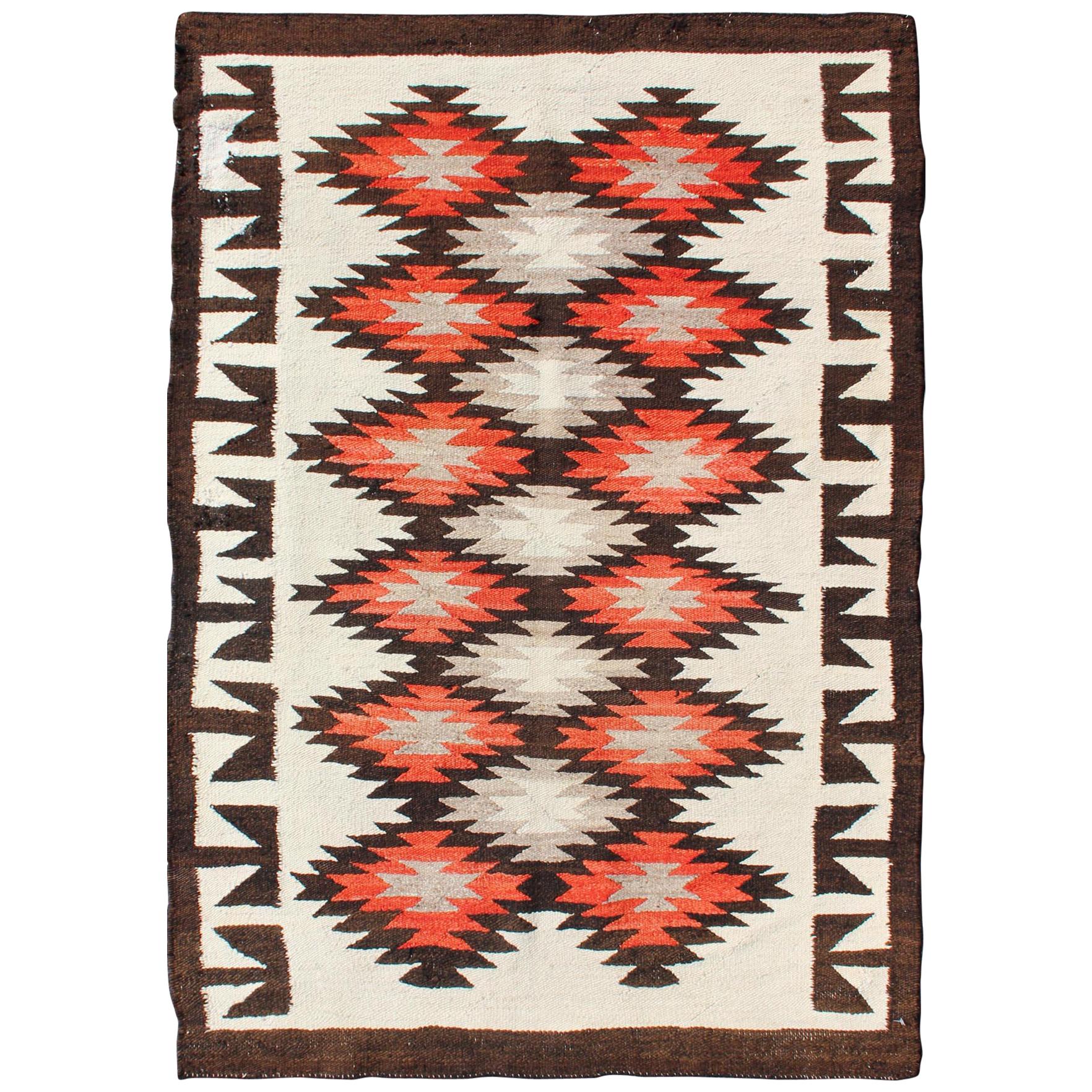 Vintage American Navajo Tribal Rug with Diamonds in Brown, Orange and Ivory For Sale