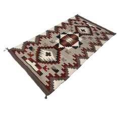Vintage American Navajo Wool Flatweave 3x5 Grey, Ivory & Red Handmade Area Rug