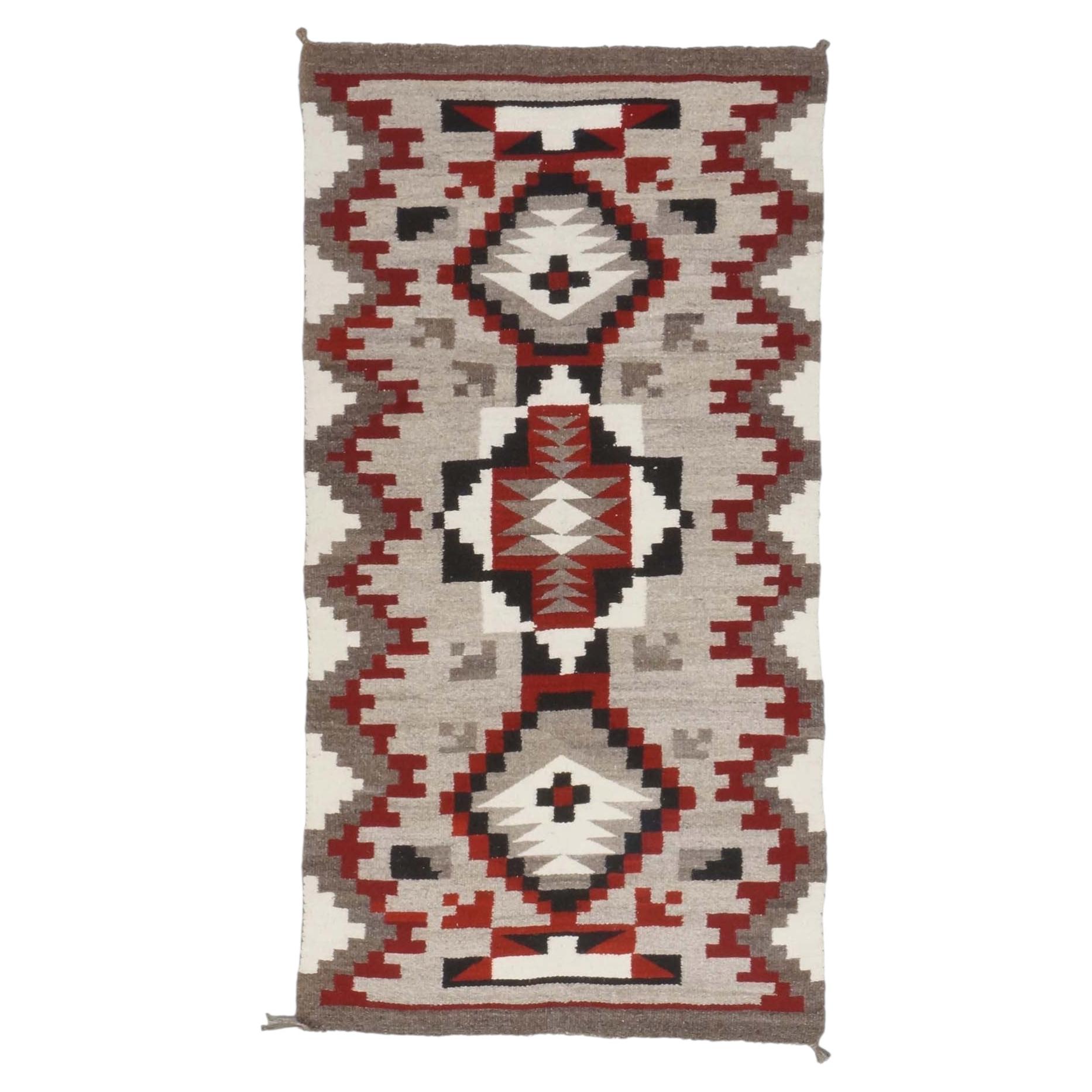 Vintage American Navajo Wool Flatweave 3x5 Grey, Ivory & Red Handmade Area Rug