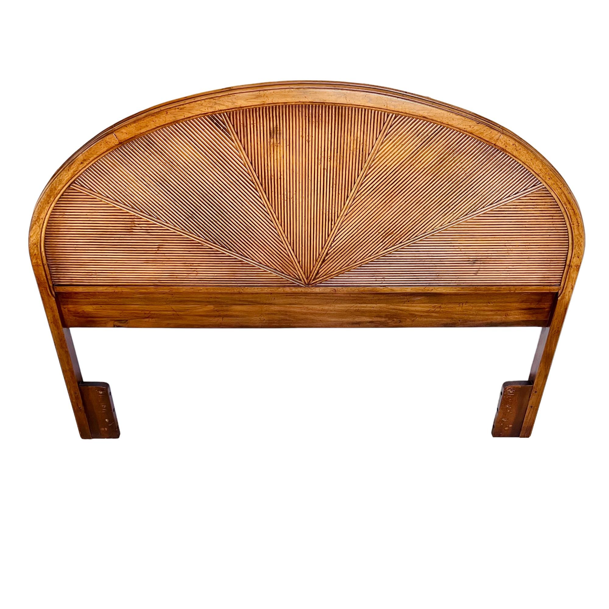 A vintage 1970's Hollywood regency style American of Martinsville wood headboard. Arched half moon design with tambour detail in a rising sun pattern.

Predrilled for full and queen bed frame attachment.

Dimensions: 60