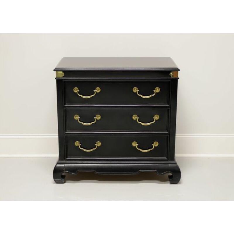 An Asian style bachelor chest by American of Martinsville. Solid wood lacquered in black with brass accents and hardware. Features three drawers of dovetail construction. Made in Virginia, USA, in the late 20th century.

Measures: 35 W 19.25 D 32.25