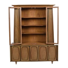 Vintage American of Martinsville Masonic Deco Modern Walnut China Hutch Cabinet