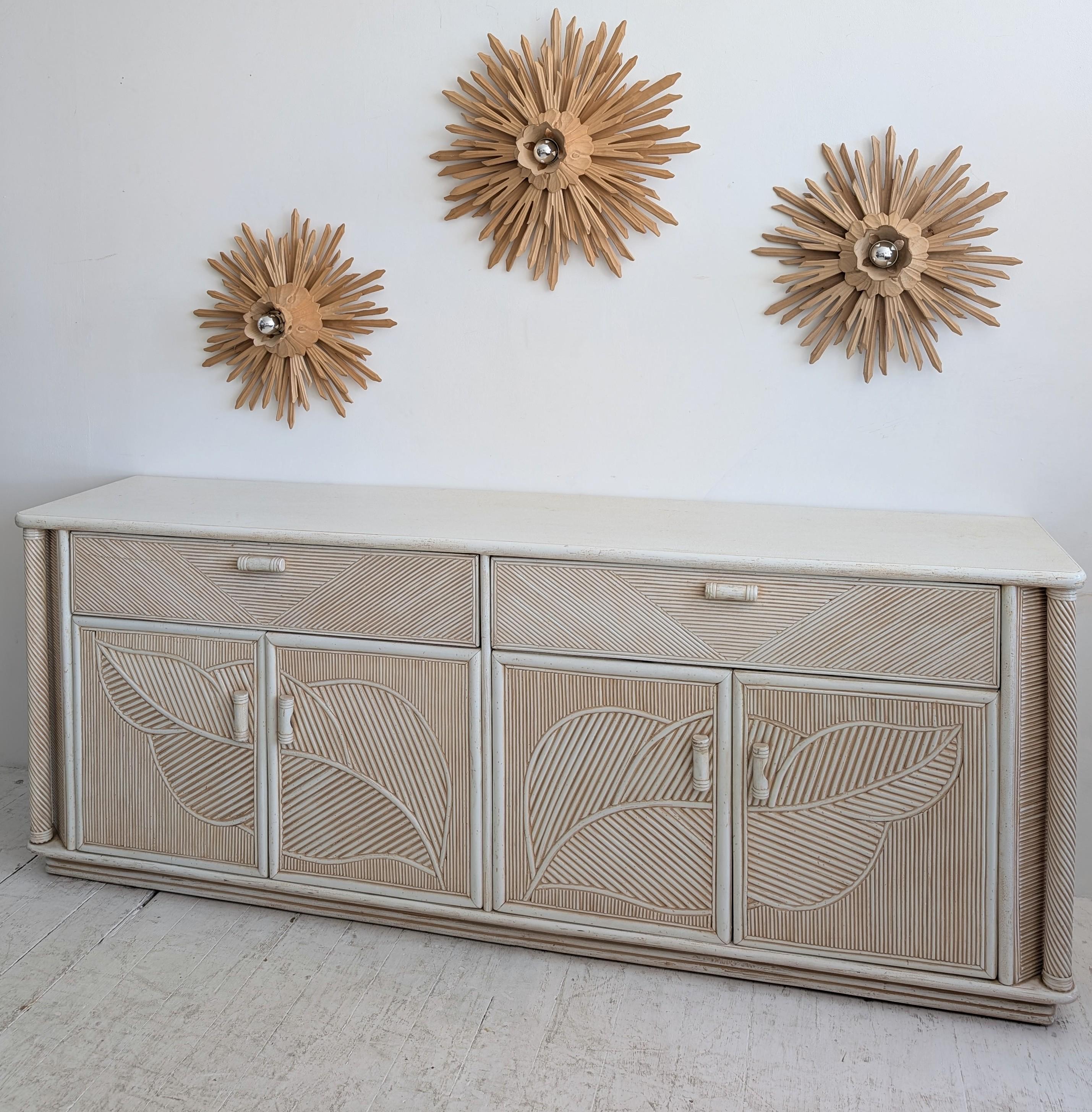 20th Century Vintage American pencil reed / cane & wood sideboard with leaf motif, 1970s For Sale