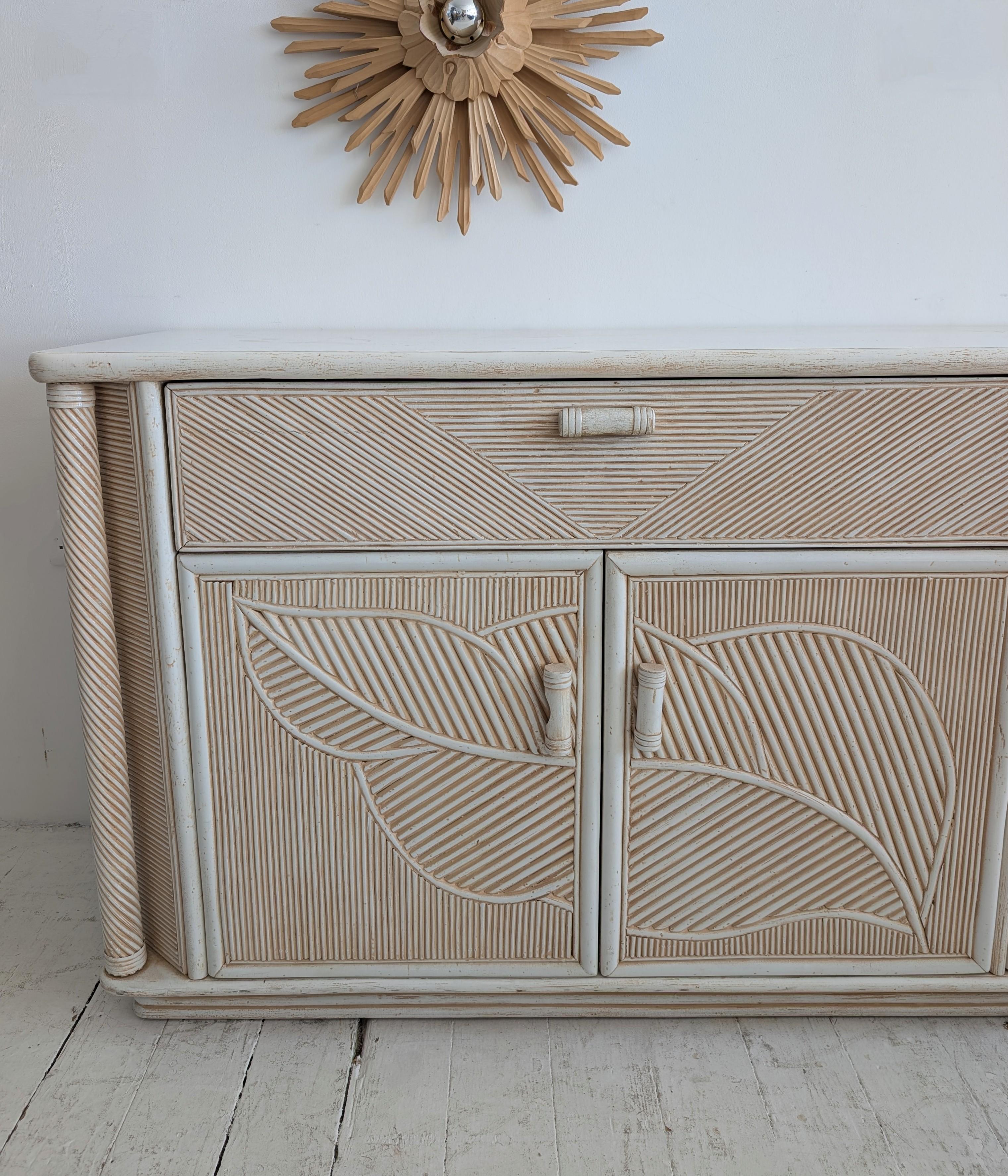 Cane Vintage American pencil reed / cane & wood sideboard with leaf motif, 1970s For Sale