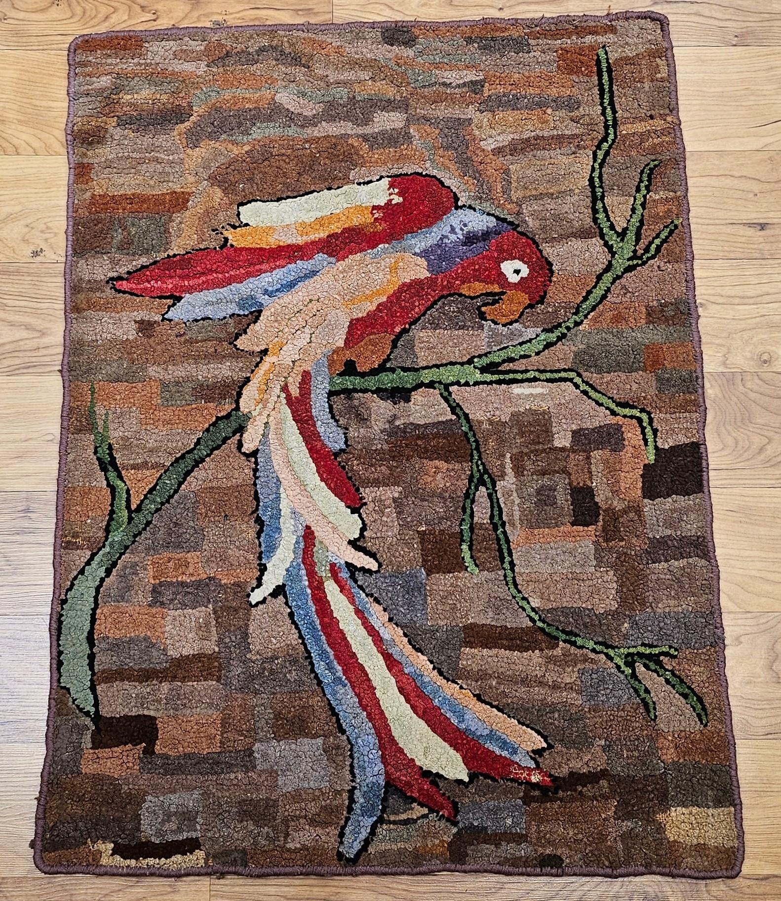 Alfombra Pictórica Colgada a Mano Americana Vintage de un Loro Estadounidense en venta