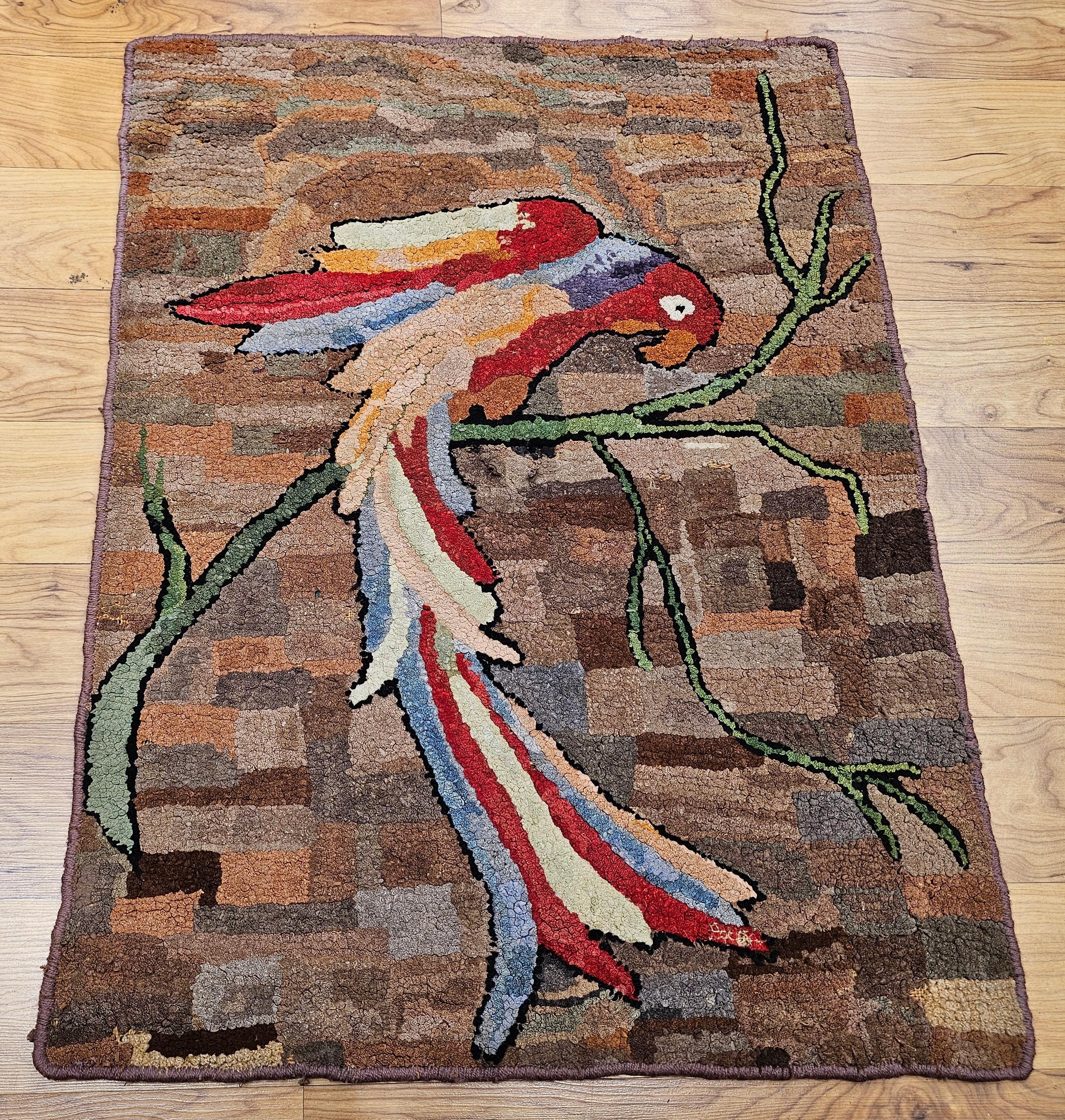 Alfombra Pictórica Colgada a Mano Americana Vintage de un Loro Hecho a mano en venta