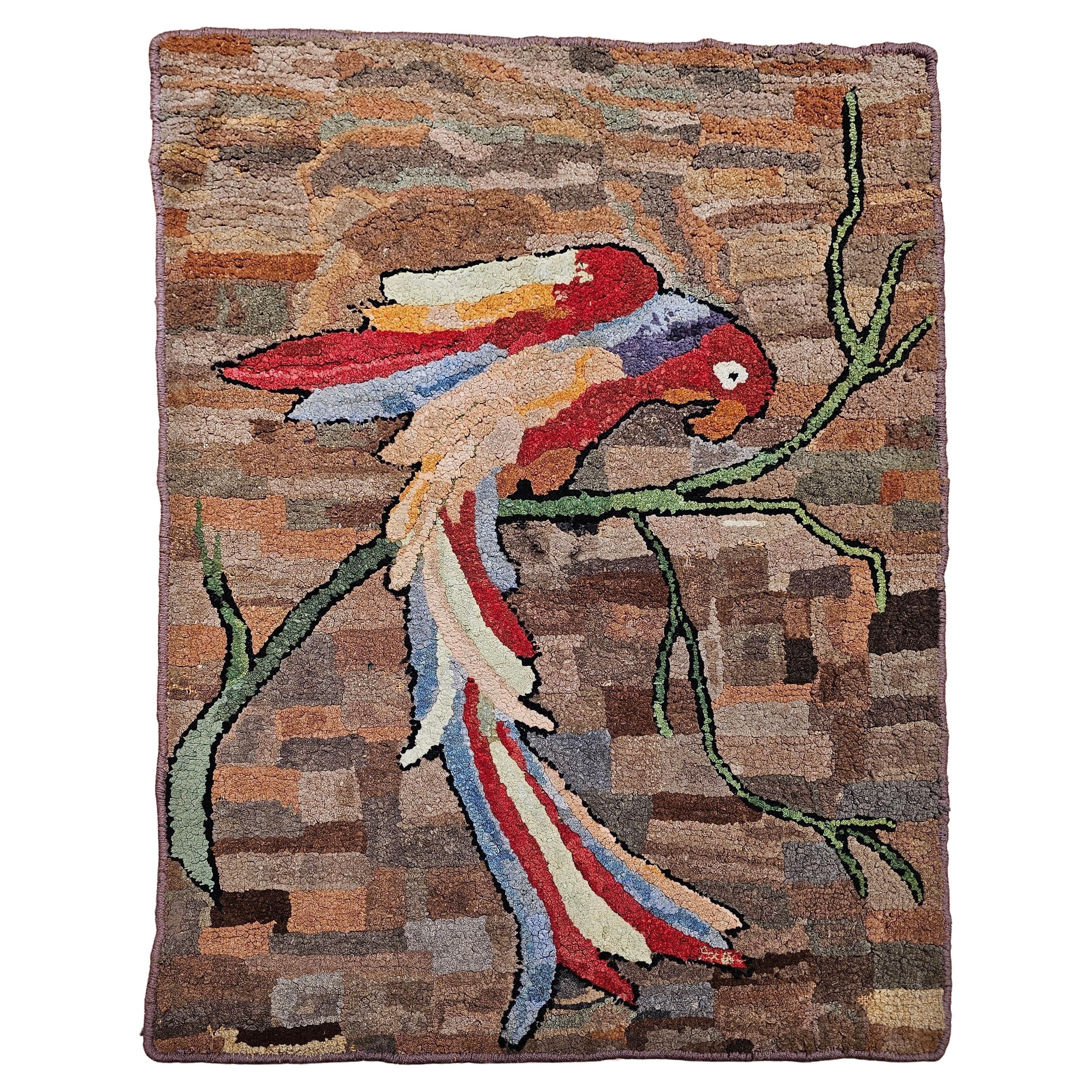 Vintage American Pictorial Hand Hooked Rug of A Parrot