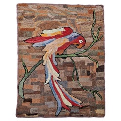 Vintage American Pictorial Hand Hooked Rug of A Parrot