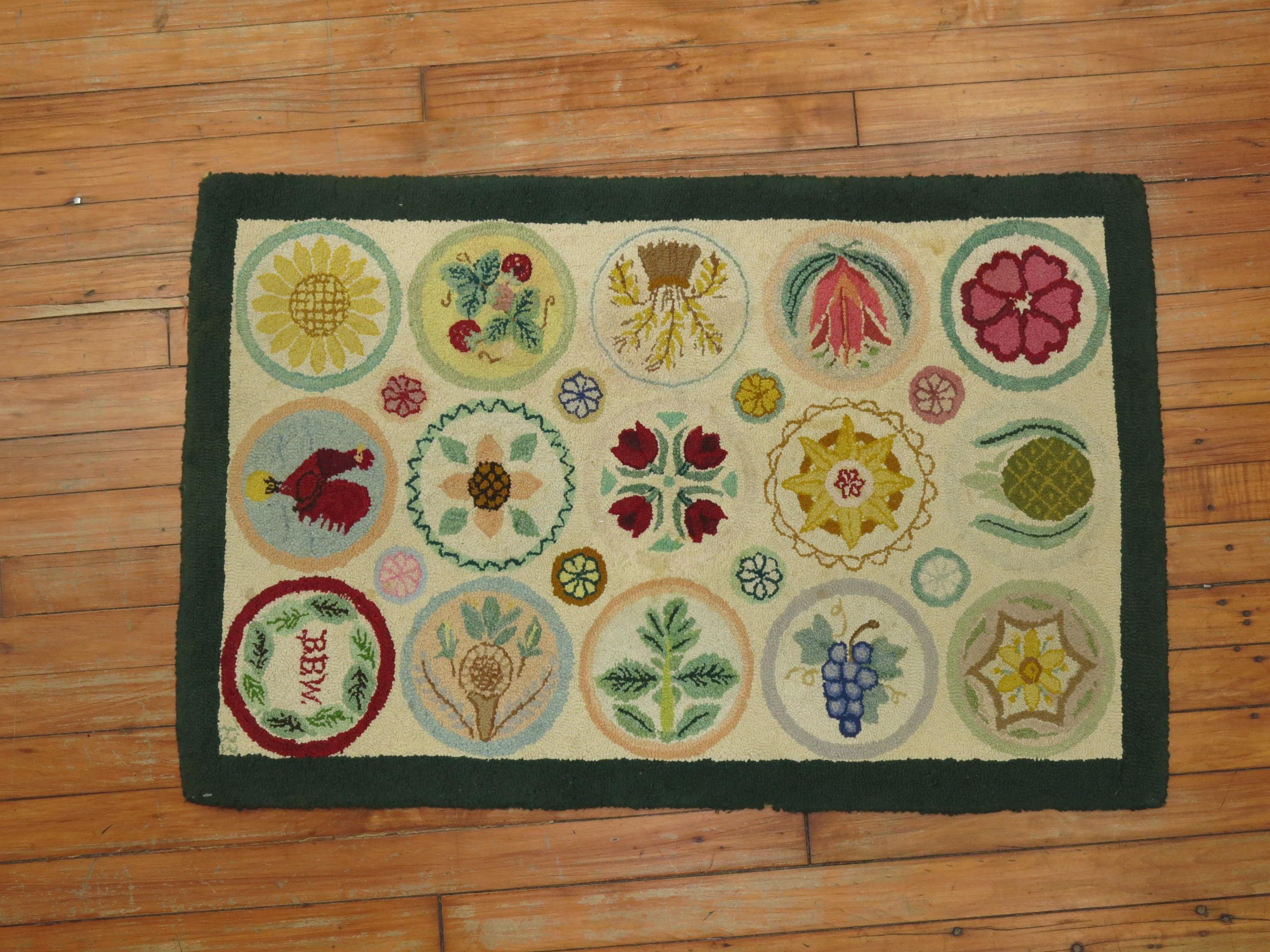 Hand-Woven Vintage American Pictorial Hooked Mat Size Rug For Sale