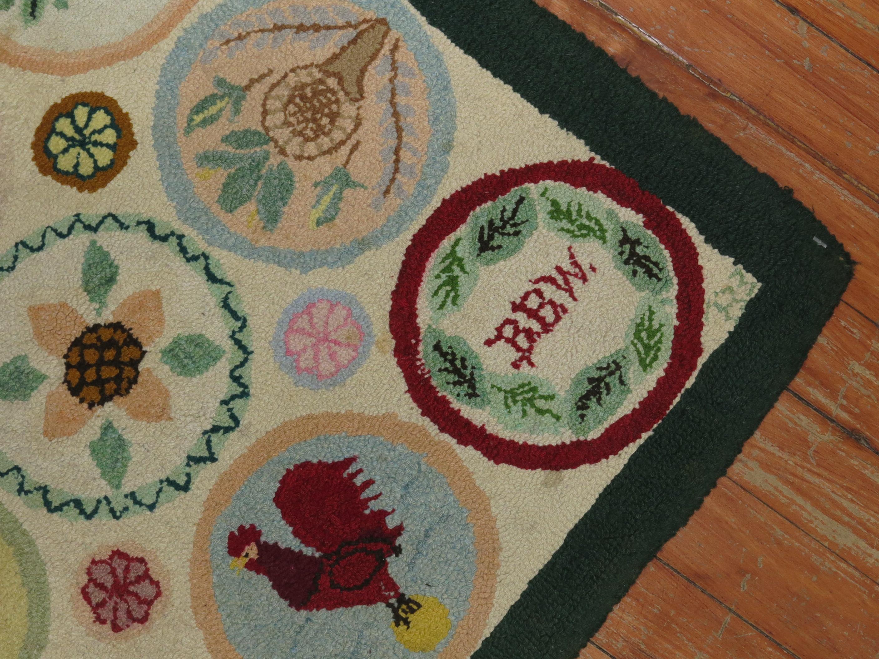 Vintage American Pictorial Hooked Mat Size Rug In Excellent Condition For Sale In New York, NY