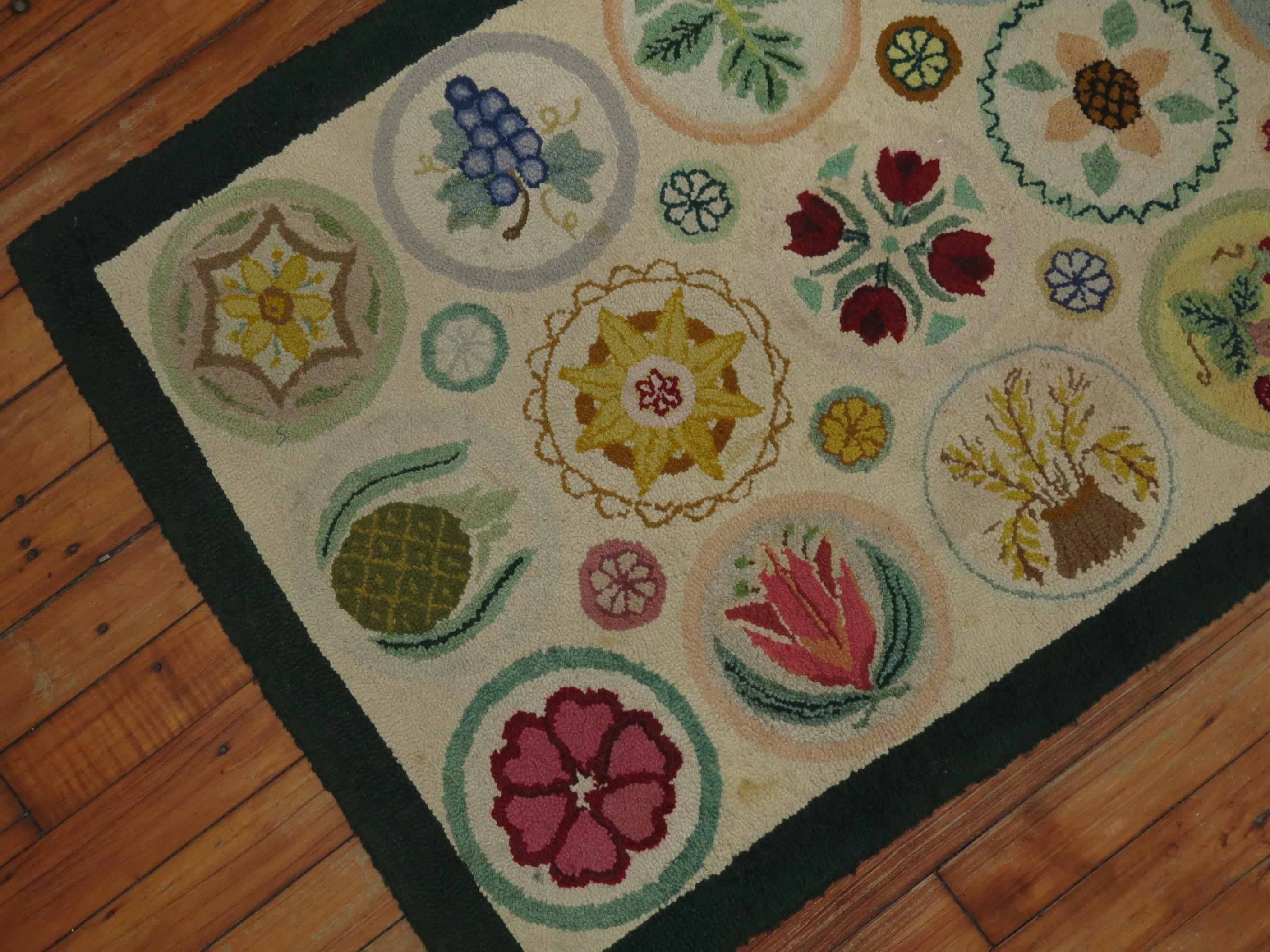 Wool Vintage American Pictorial Hooked Mat Size Rug For Sale