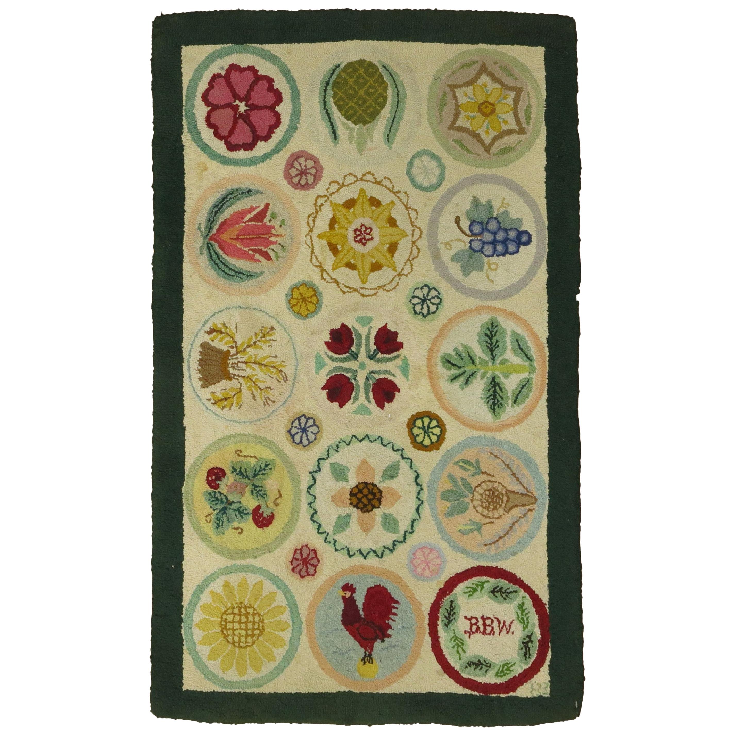 Vintage American Pictorial Hooked Mat Size Rug