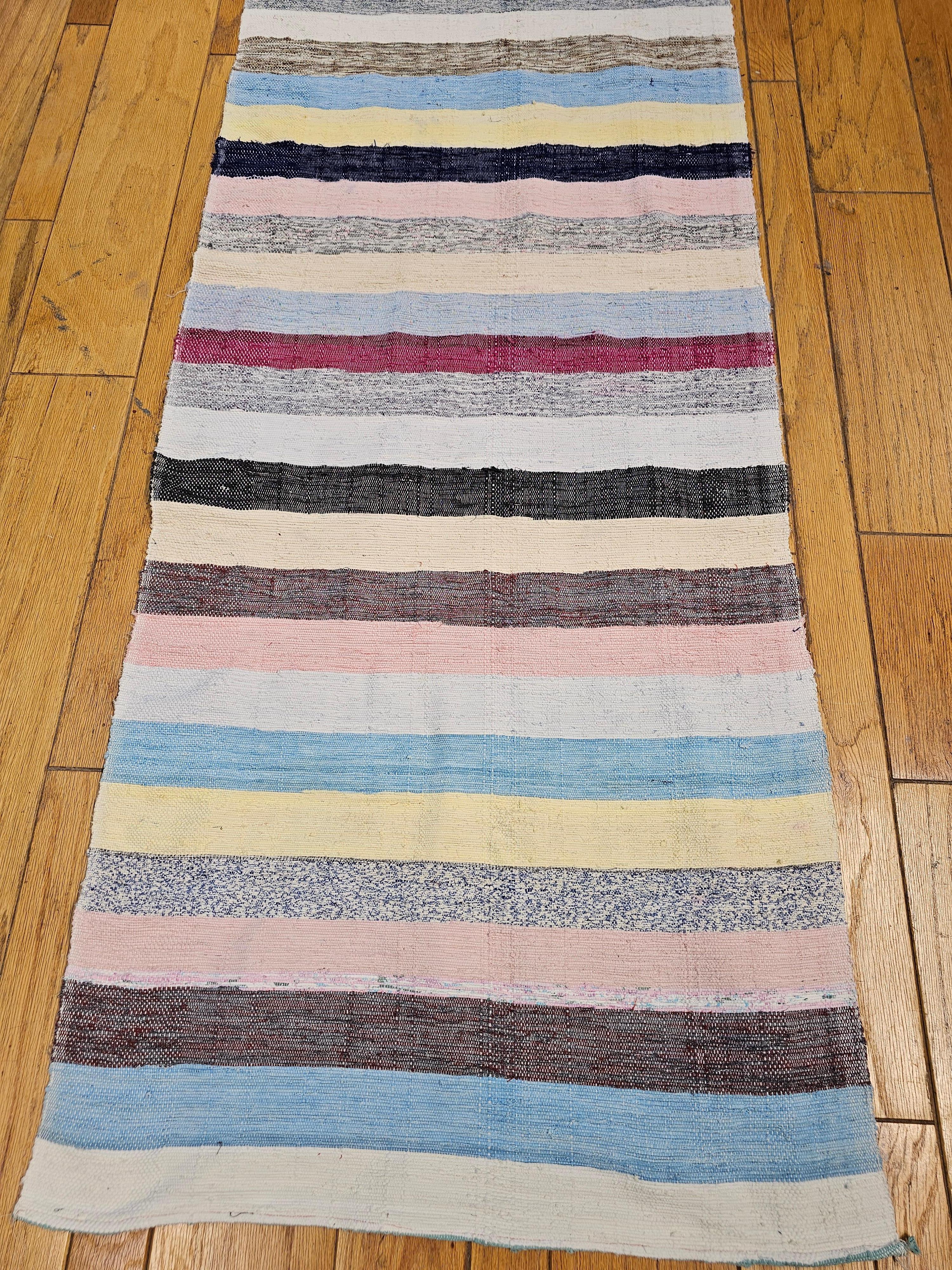 Vintage American Rag Area Rug has a very modern design format and can be incorporated into any modern interior design project.  The rug is formed of a series of bands in natural earth tones very similar to Scandinavian kilims from the late 1800s. 