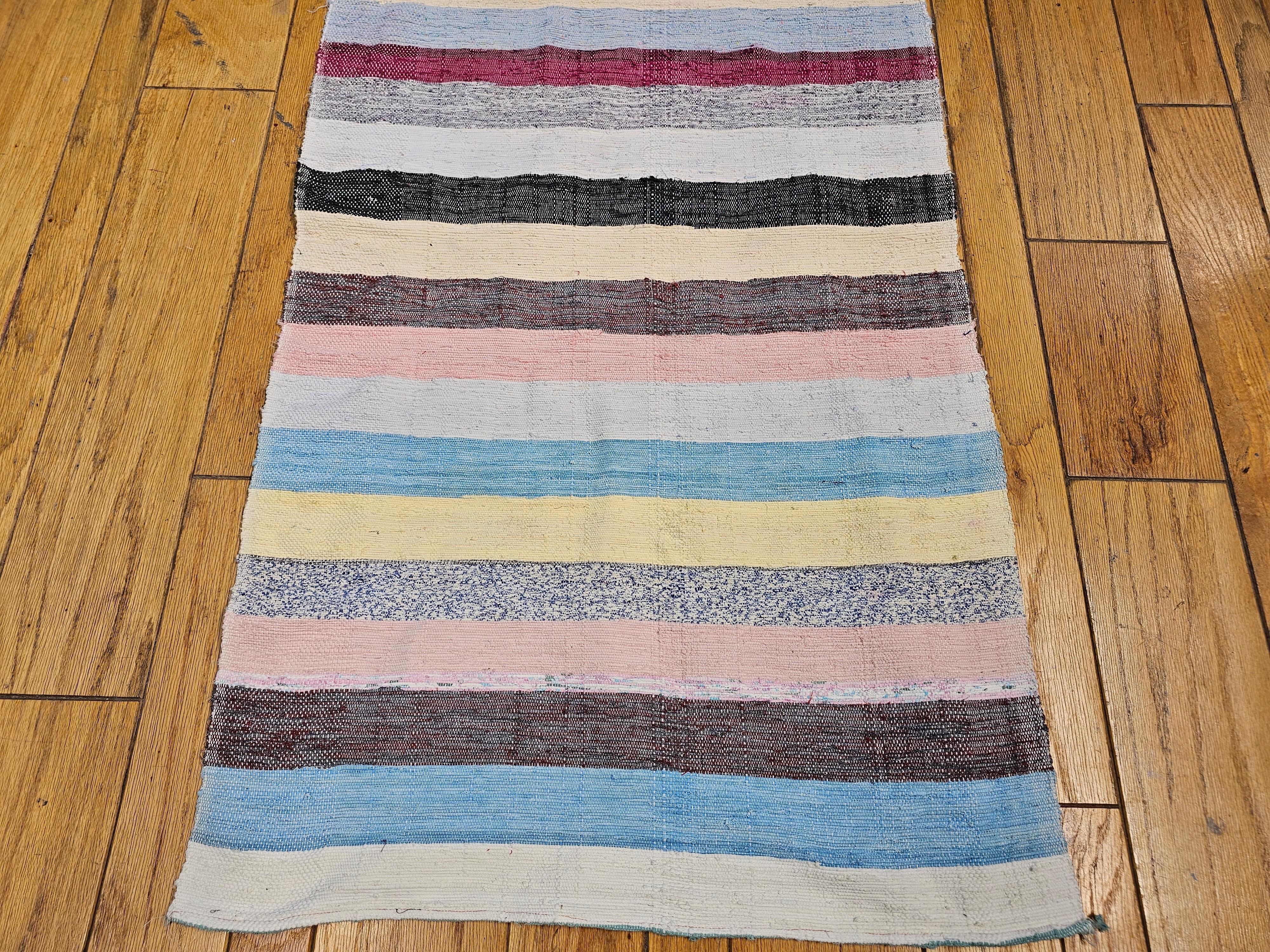 Hand-Woven Vintage American Rag Area Rug in Stripe Pattern in Ivory, Blue, Pink, Green, Red For Sale