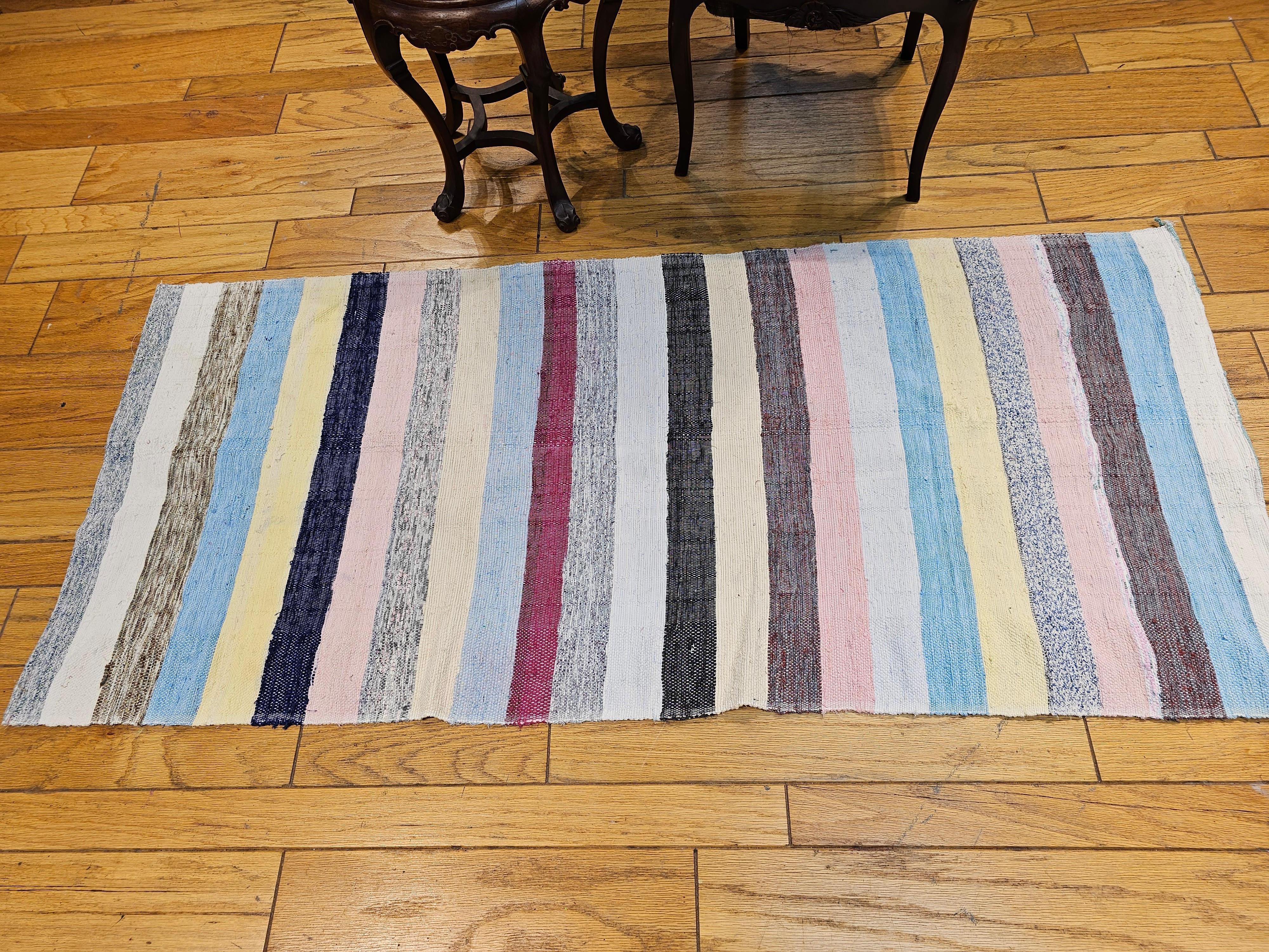 Vintage American Rag Area Rug in Stripe Pattern in Ivory, Blue, Pink, Green, Red For Sale 2