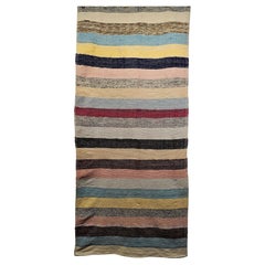 Retro American Rag Area Rug in Stripe Pattern in Ivory, Blue, Pink, Green, Red