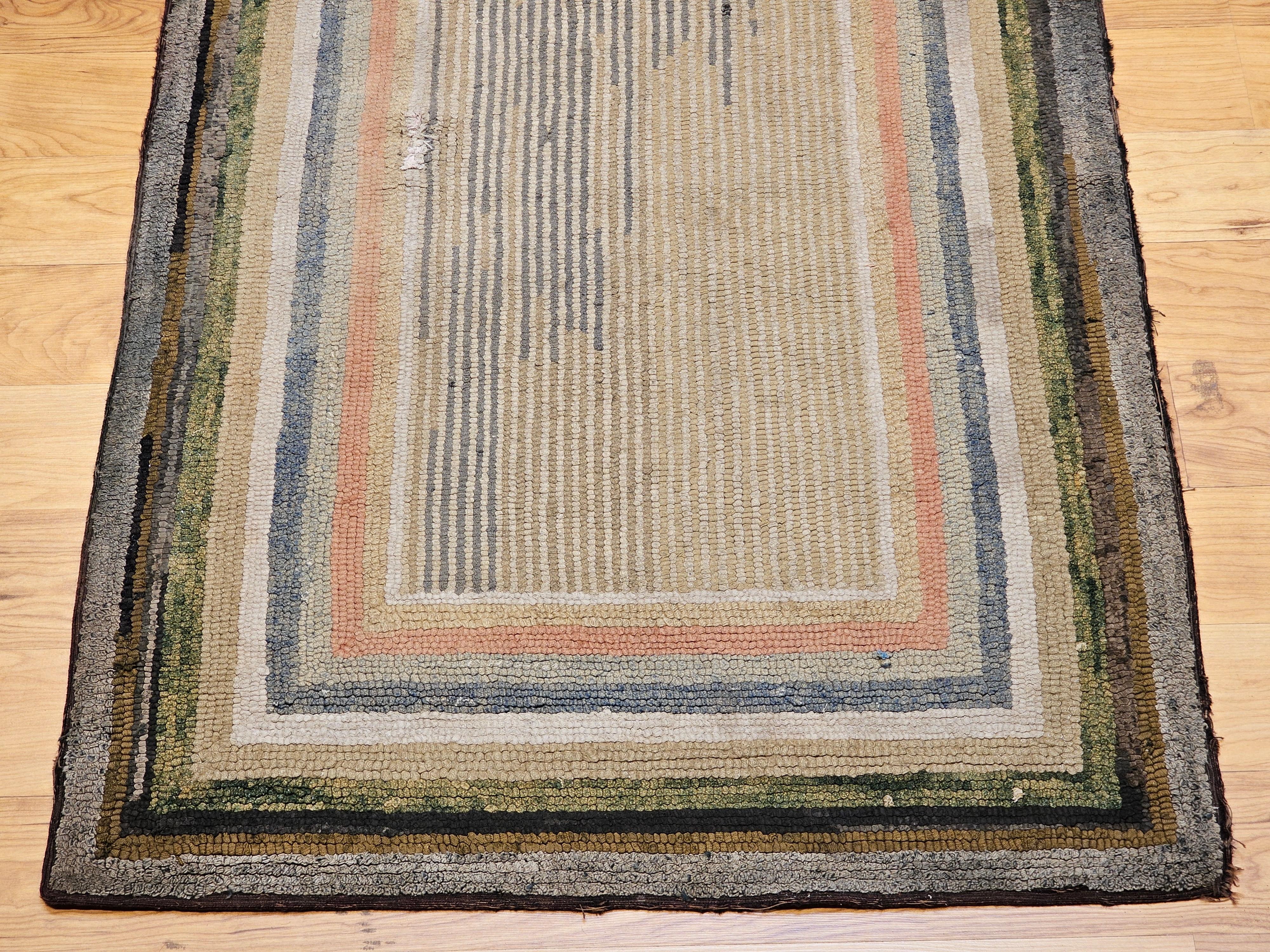 Hand-Crafted Vintage American Rag Area Rug in Tan, Ivory, Gray, Brown, Green, Pink For Sale