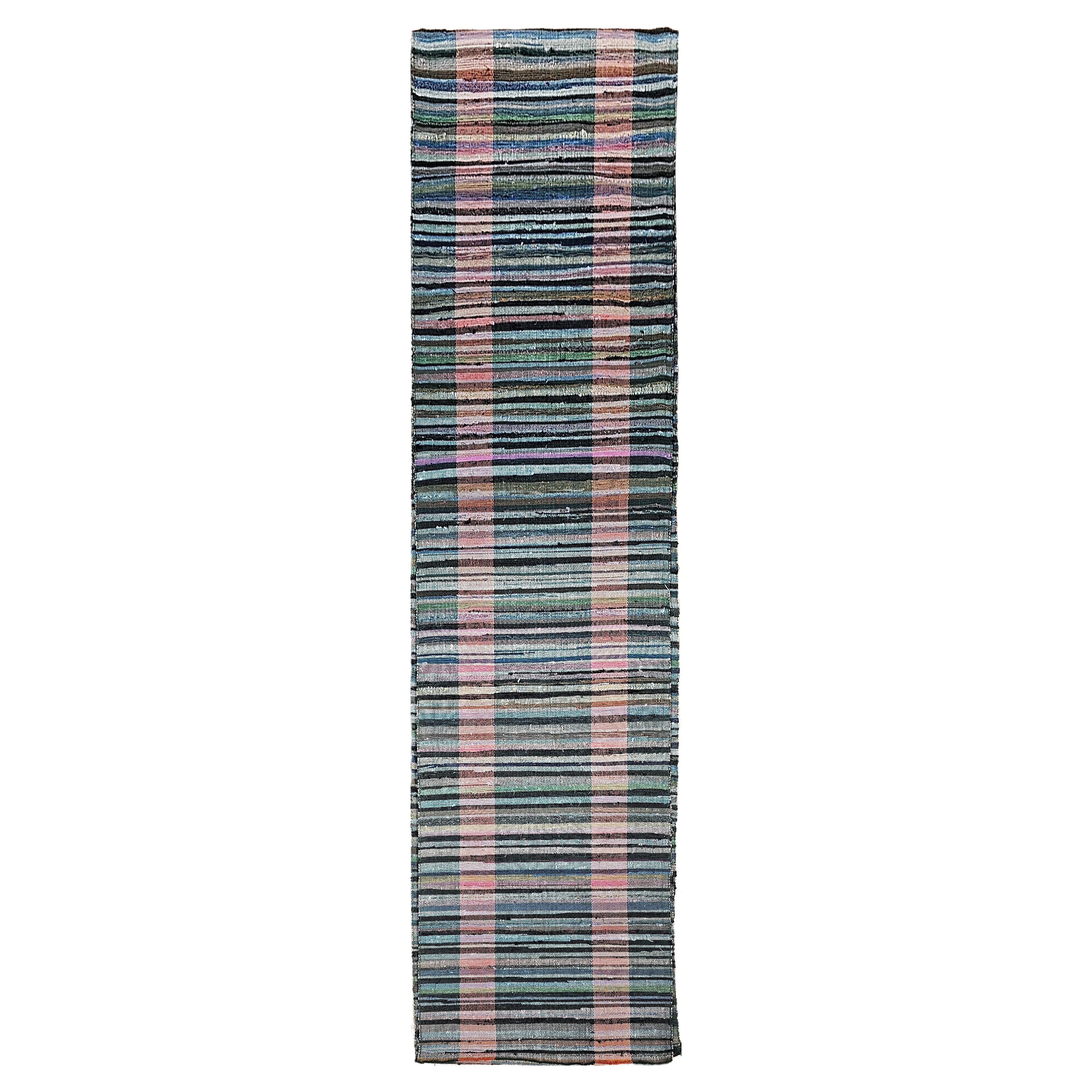 Vintage American Rag Long Runner, Handwoven Folk Art, Stripe Pattern, 2.5’ x 43'