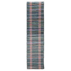 Vintage American Rag Long Runner, Handwoven Folk Art, Stripe Pattern, 2.5’ x 43'