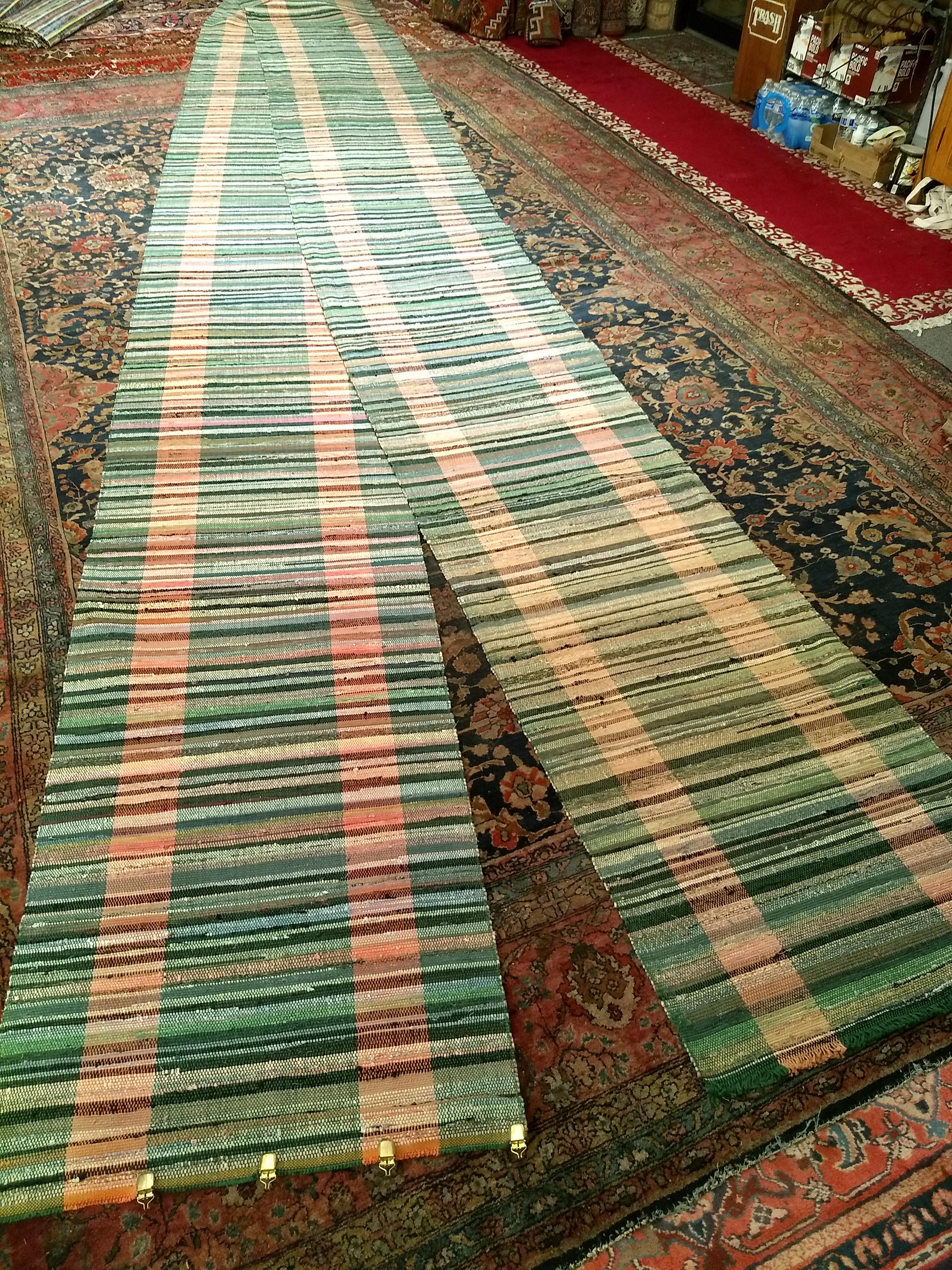 Vintage American Rag Long Runner in Stripe Pattern in Green, Pink, Blue, Cream For Sale 8
