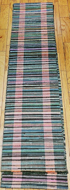Vintage American Rag Long Runner, Handwoven Folk Art, Stripe Pattern, 2.5’ x 43'