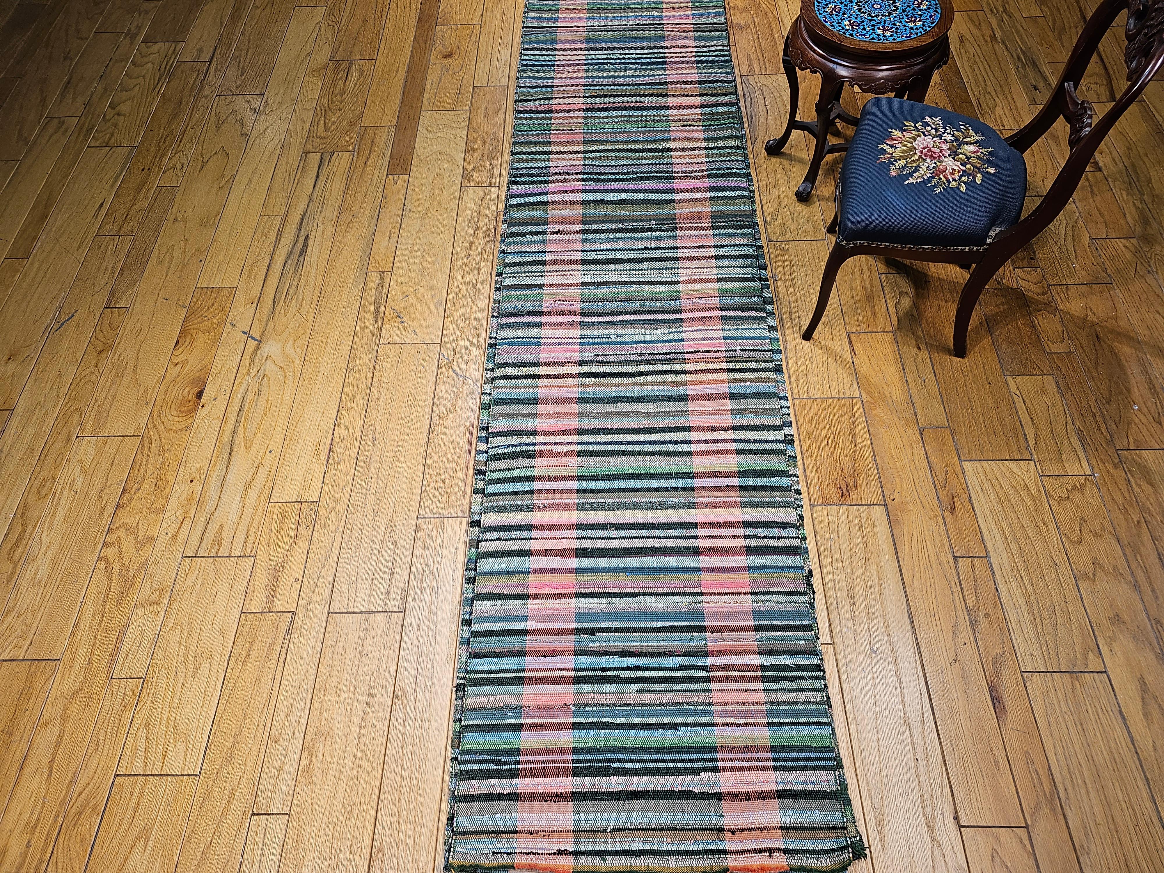 Vintage American Rag Long Runner in Stripe Pattern in Green, Pink, Blue, Cream For Sale 2
