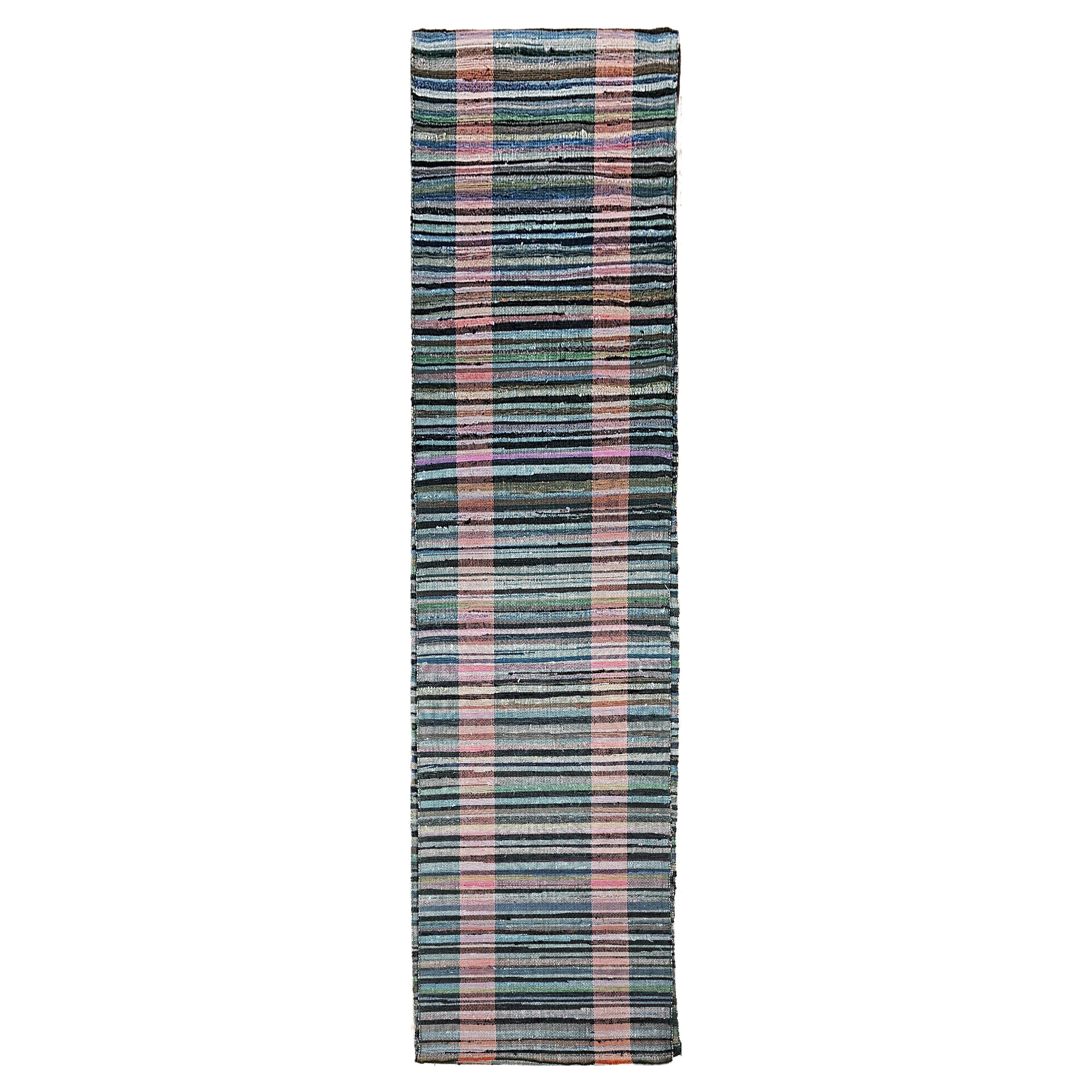 Vintage American Rag Long Runner in Stripe Pattern in Green, Pink, Blue, Cream For Sale