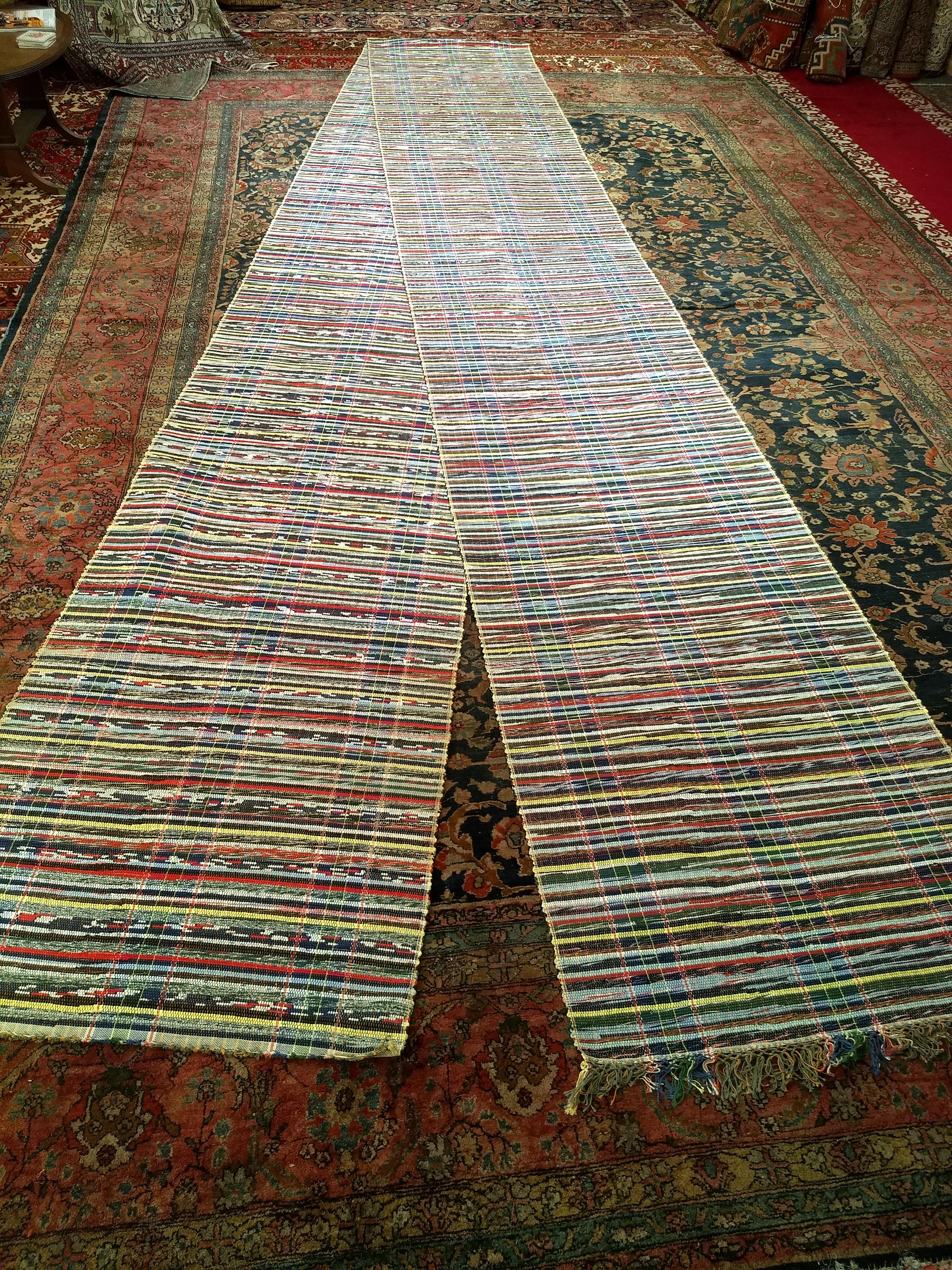 Vintage American Rag Long Runner in Stripe Pattern in Navy, Blue, Yellow, Red For Sale 10