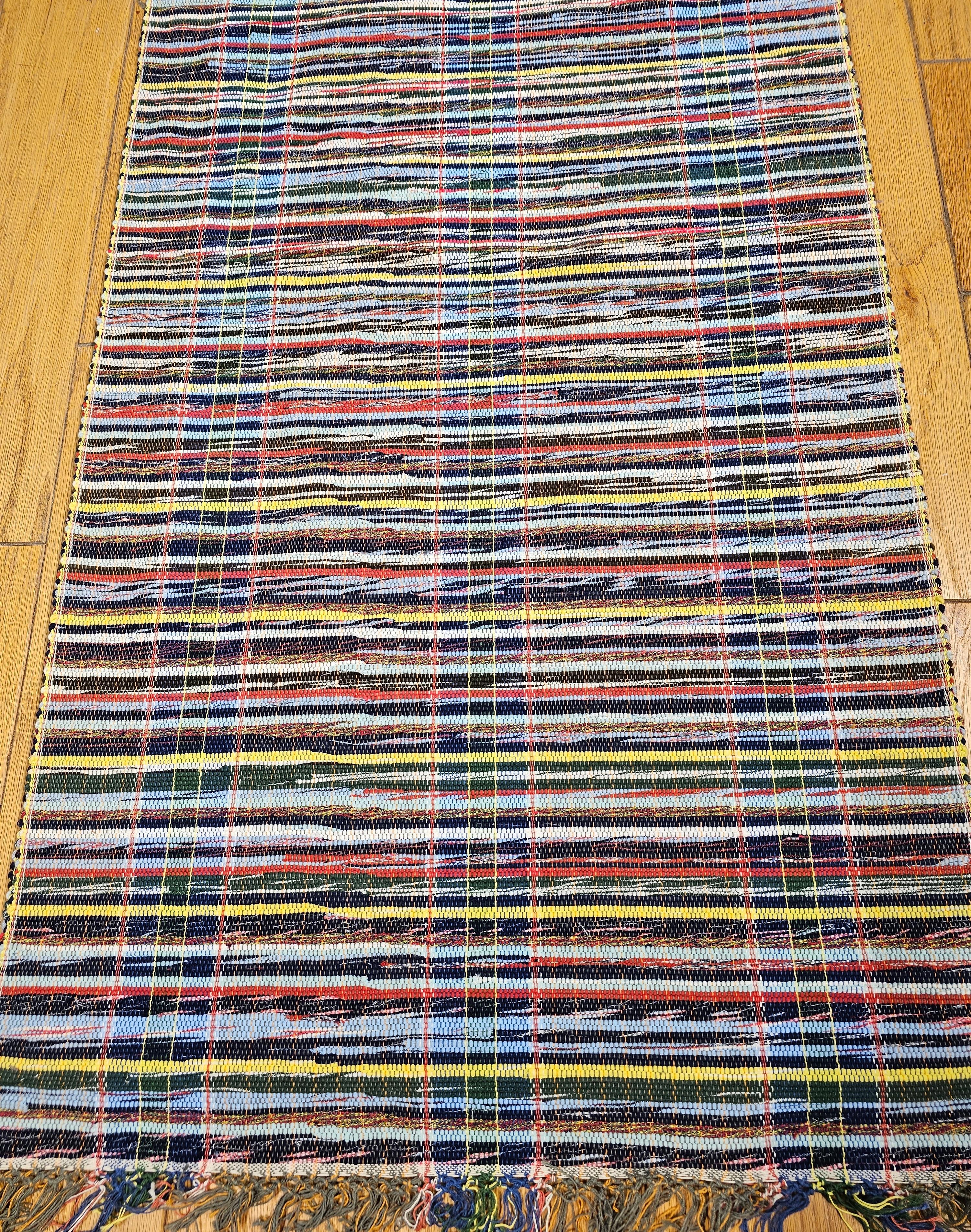 Hand-Woven Vintage American Rag Long Runner in Stripe Pattern in Navy, Blue, Yellow, Red For Sale