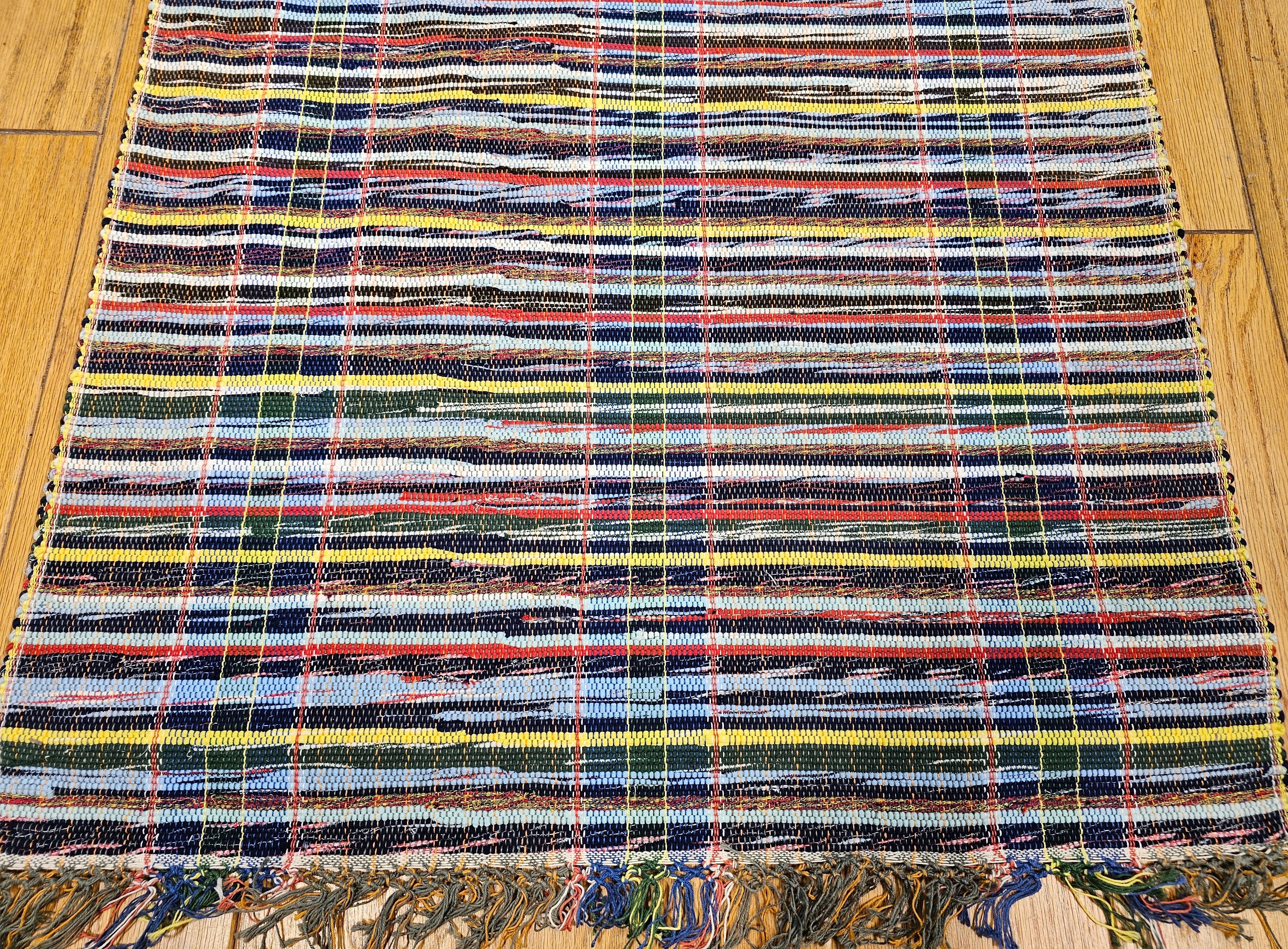 Vintage American Rag Long Runner in Stripe Pattern in Navy, Blue, Yellow, Red In Excellent Condition For Sale In Barrington, IL
